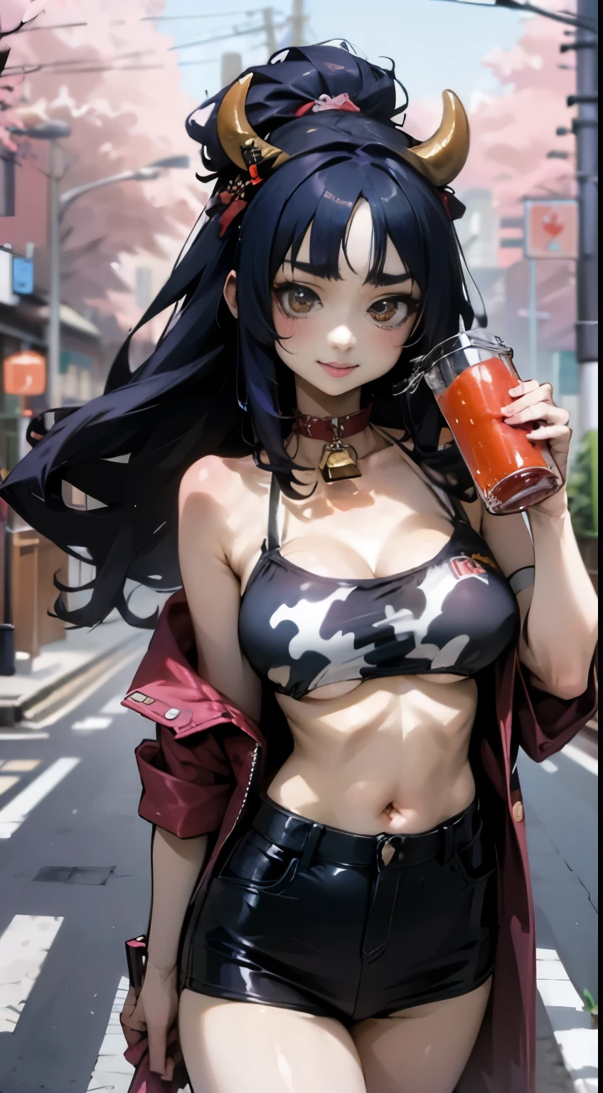 Anime style, better quality possible, young japan rock n roll women, drinking soda, use bra, cow lingerie, she is walking in streets with forest beside, smile, talking, add moon and owl