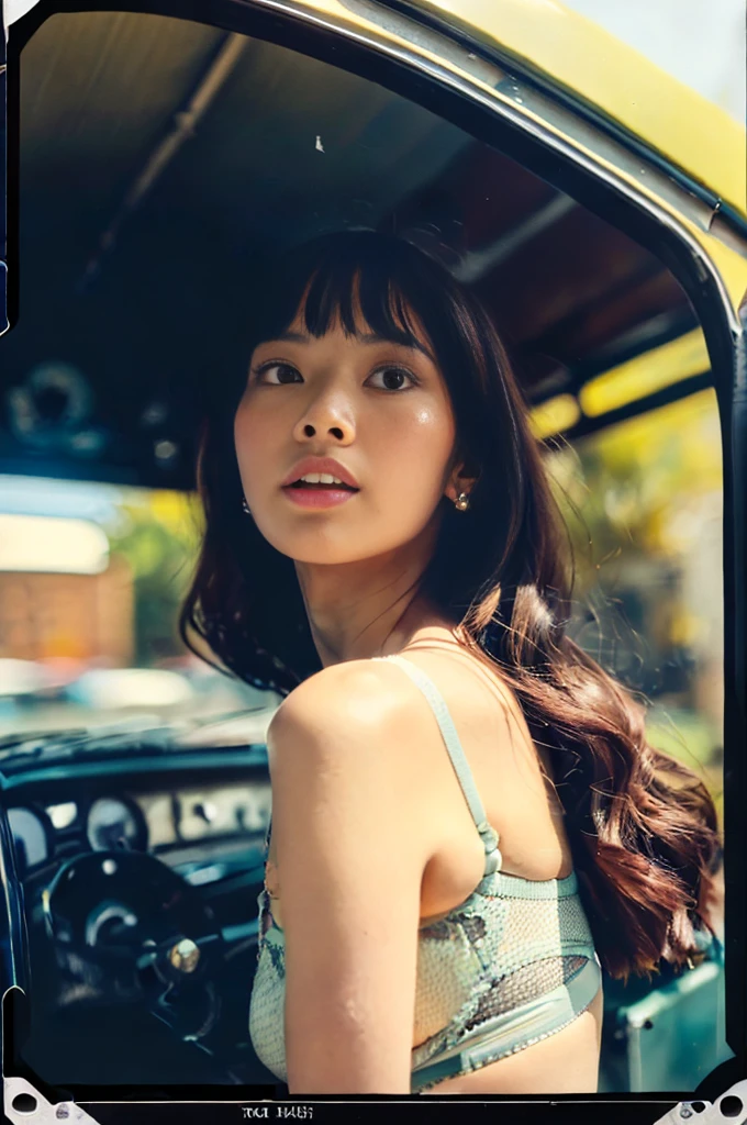 (analog film photo:1.4)(vintage photo:1.4)(portra 400:1.3)(instant film:1.3)(inside of a vintage car:1.2)( woman in a textile underwear:1.2)1 woman, Korean idols, japanese beauty, high quality, (detailed face:1.4) best quality, 8k