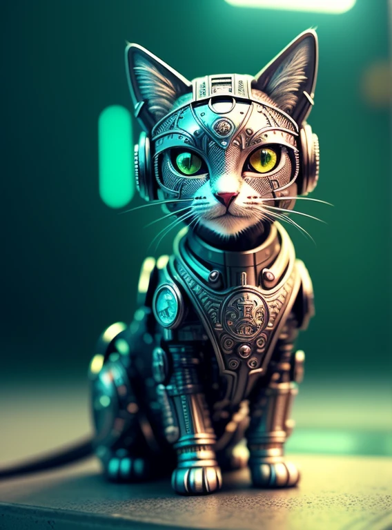 a cute kitten made out of metal, cyborg, cyberpunk style, ((intricate details)), hdr, ((intricate details, hyperdetailed)), cinematic shot, vignette