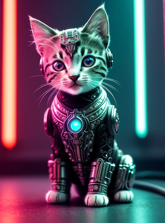a cute kitten made out of metal, cyborg, cyberpunk style, ((intricate details)), hdr, ((intricate details, hyperdetailed)), cinematic shot, vignette