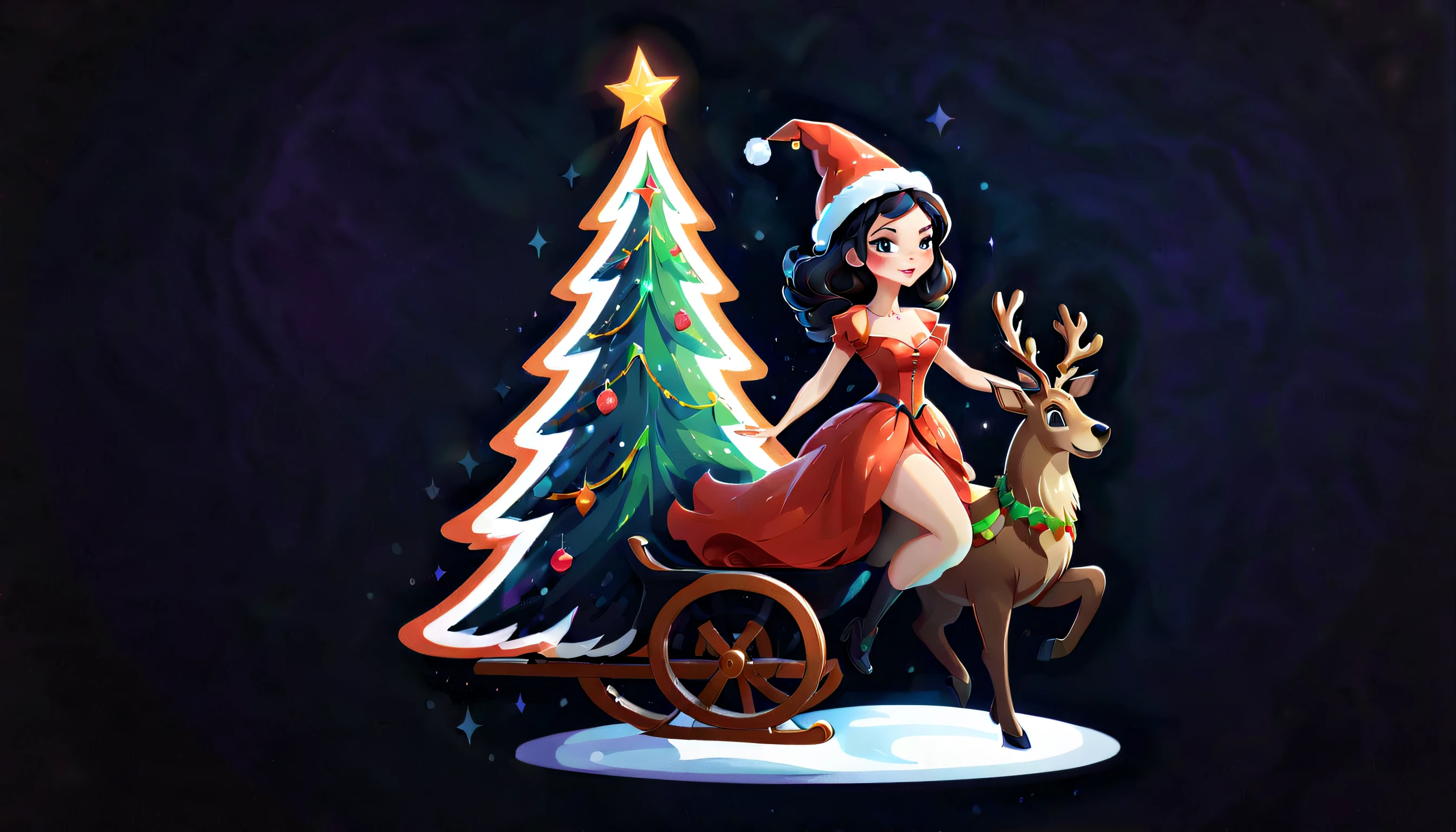 (((Christmas Santa style witch stamp:1.3))), digital paint illustration sticker, Christmas tree-like cane, wearing a Christmas-like dress, Christmas color neon background glow effect, Cinematic angles, Dark fantasy reindeer and sleigh, on a decorative glass table, smooth detail, High quality, Amazingly detailed rendering, Tonal contrast, intricate-detail,