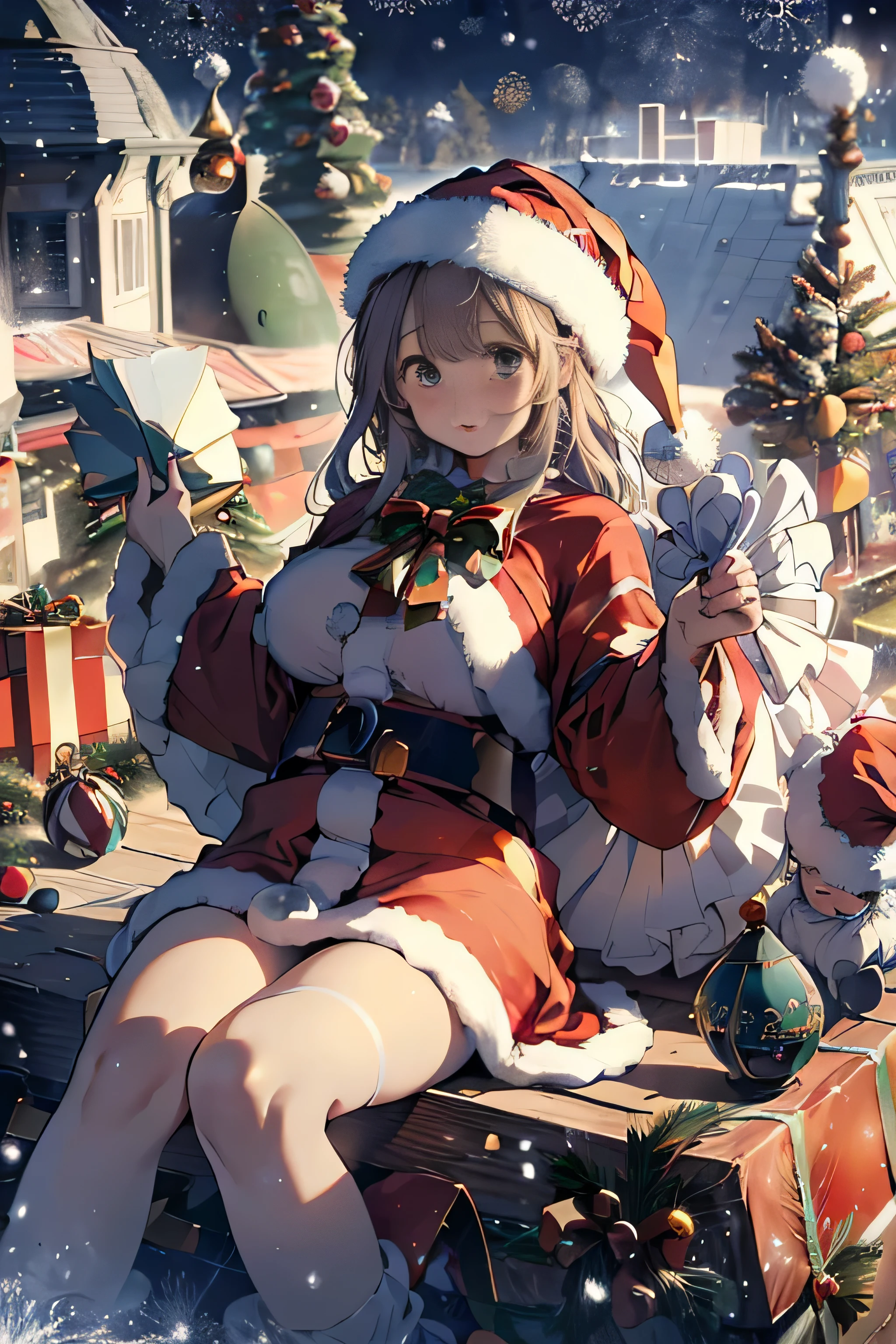 RAW image quality、8K分辨率、Ultra-high-definition CG images、Absurd resolution, hight resolution, (masterpiece:1.4), The ultra-detailliert, 1girl in, floated hair、floating、View the book, ((kosmos服を着て:1.4)), (((Wearing a Santa Claus hat:1.4)))Seen from above, (((kosmos:1.4))), Planktonic, satellite, ((kosmos空間での運用:1.4)), wide-angle lens distortion