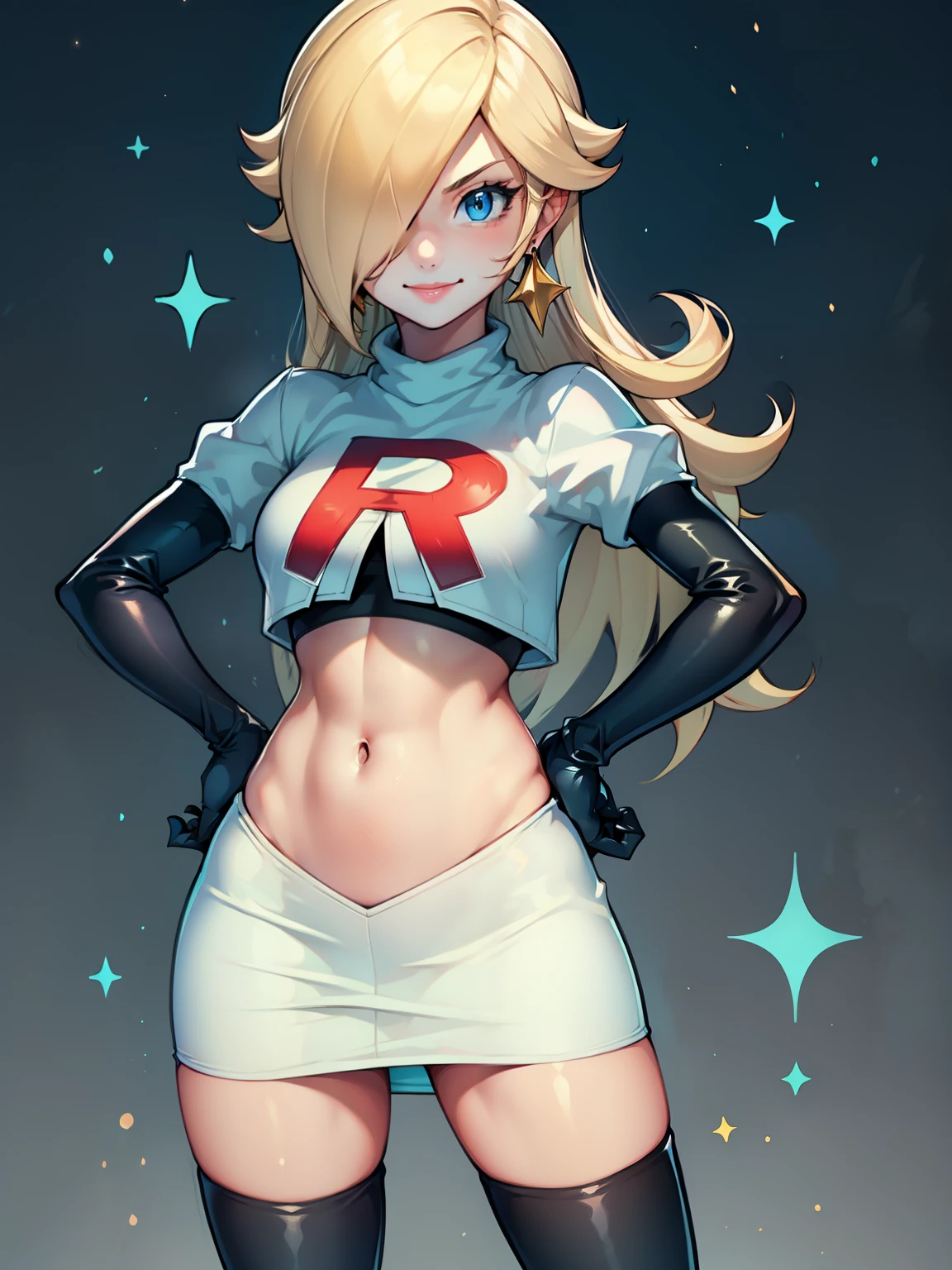 rosalina, glossy lips ,team rocket uniform, red letter R, white skirt,white crop top,black thigh-high boots, black elbow gloves, evil smile, looking at viewer, cowboy shot, hands on hips