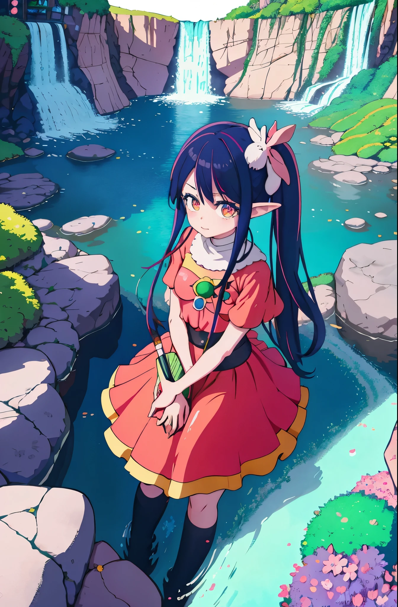anime girl in a santa hat holding a paintbrush in front of a waterfall, official artwork, official art, anime style 4 k, colorful pigtail, 2 d anime style, a maid in a magical forest, high quality anime artstyle, elf girl, anime lush john 8k woods, anime! 4 k, anime! 4k, anime visual of a cute girl, colorful, anime girl infront of viewer, anime girl rotated little on right side, anime girls eyes looks at viewer from high, rainbow long hair,