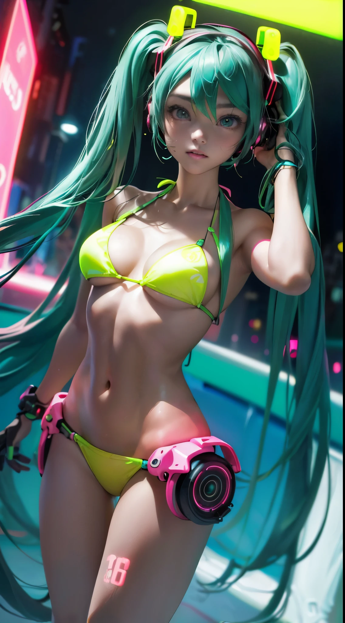 highest qualityr))、((obra maestra)、Mirai bikini red, cyberpunked、large buttockss、arrodillarse、Electronic visor attached to the face of a -yeld giwith emphasis on the buttocks、(minifalda mostrando bragas Blanco:1.4) ,mirai red latex body,Moda cyberpunk、Pose sexy、(Usar polainas amarillas en la parte inferior del cuerpo、(Enlargement of senoondo Neon lights in the dark city at night.:1.4),motor irreal:1.4,UHD,La mejor calidad:1.4, fotorrealista:1.4, textura de la piel:1.4, obra maestra:1.8,obra-prima, mejor calidad,(Beautiful and detailed eye description),( neon pink cyborg),(Perfect anatomy),(convexo ,Dedos detallados:1.4), body Ciborg Mirai bikini , (Mirai:1.4), (bikini red:1.4) ,fondo ciudad Tokio cyberpunkAI colors, (bikini neon yellow:1.4)