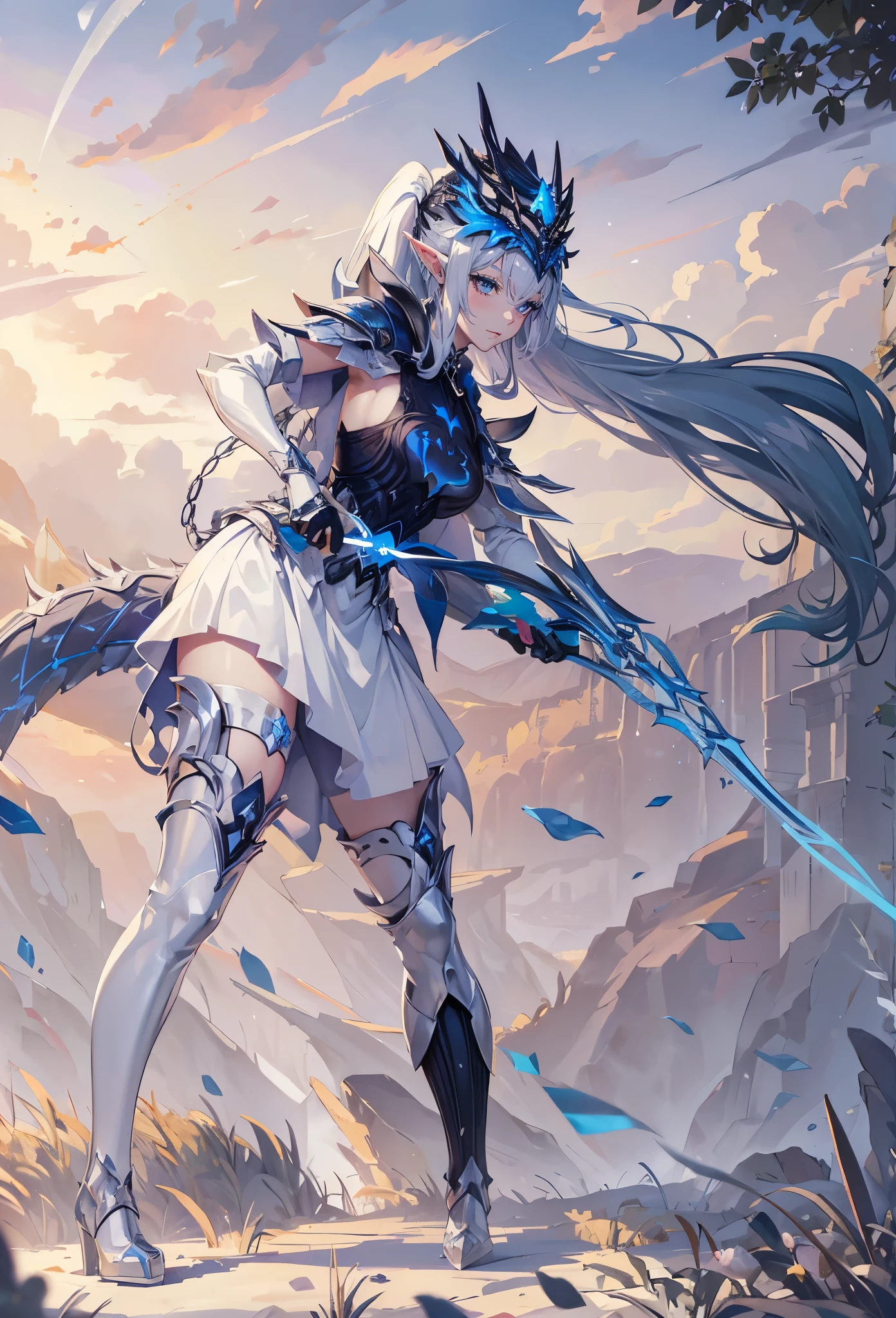 closeup of face, The world of dreams, Elf royal sister, Long face shape,  spiny helmet, , demons, humanoid creature, longponytail, Long elven ears,Her skin is very white, White complexion, Clear  eyes, Exquisite silver-blue armor, high heels boots，disheveled black hair, black cloth, 单眼blindfolds, Broken silver blue armor，破旧的high heels boots, To know, blindfolds