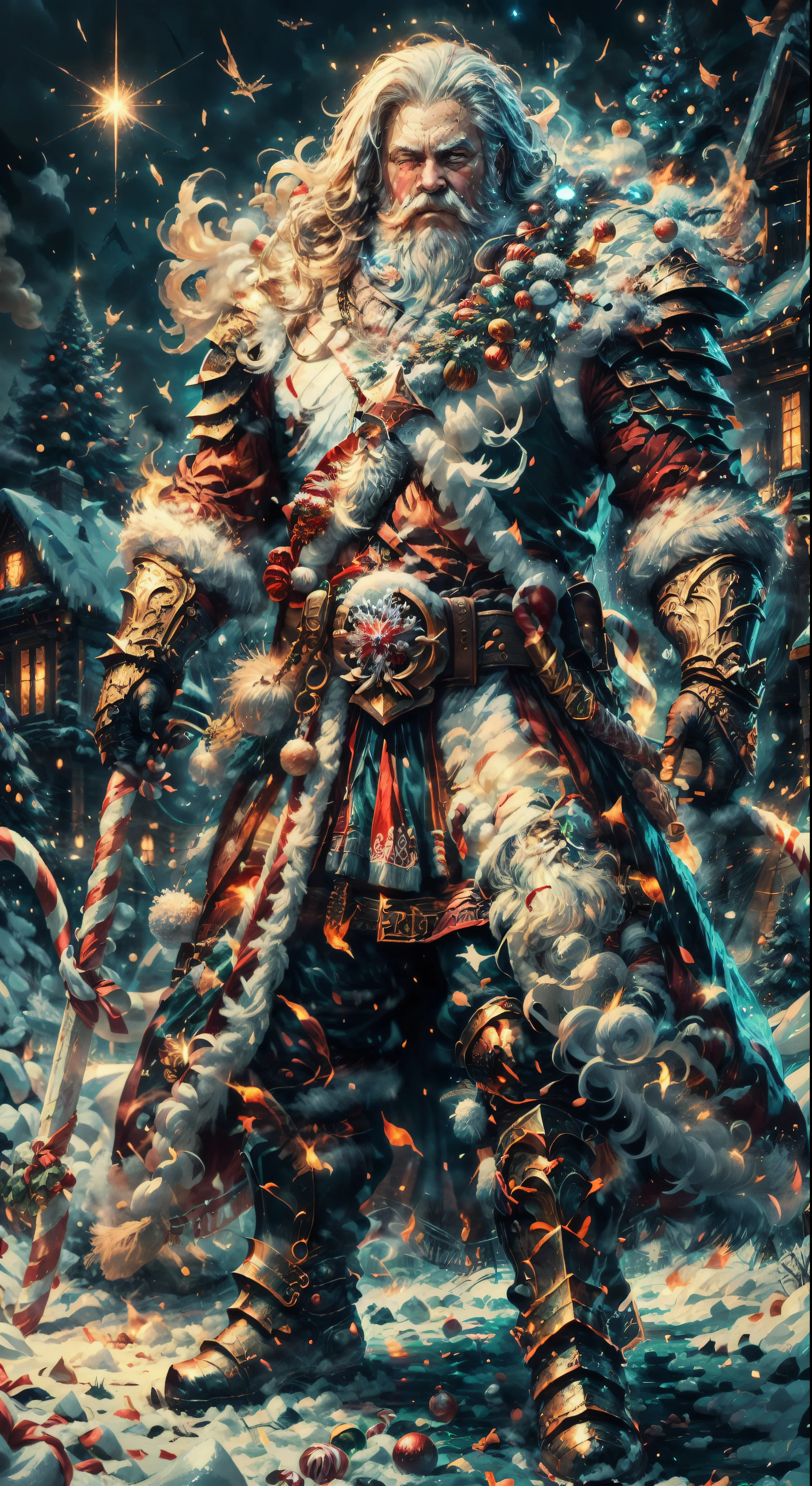 Santa Claus as the boss of the game "Dark Souls" in the Christmas DLC,best quality,4k,8k,highres,masterpiece:1.2,ultra-detailed,realistic:1.37,[HDR],[UHD],[studio lighting],extremely detailed face,beautiful detailed eyes,beautiful detailed lips,long eyelashes,[physically-based rendering],powerful physique,wearing a red and white armor suit with intricate designs,[imposing presence],holding a mighty candy cane [greatsword],surrounded by a snowy landscape,with large icicles hanging from the environment,casting a golden aura,[epic battle scene],intense fire and smoke effects,[vivid colorokeh],blue and white color scheme with hints of gold, dramatic lighting with warm highlights and cool shadows.