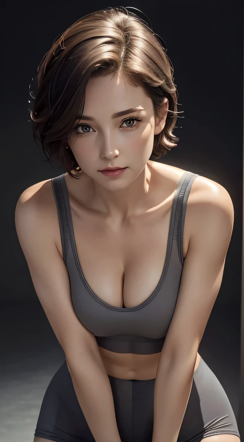 Looking at Viewer, Cinematic lighting, Perfect, softlight, High resolution skin:1.2, Realistic skin texture, 30 years old mature woman、a small face、no-makeup、off shoulders,Bust B Cup、 Exposed cleavage, Small breasts、Short hair, dark brown hair、leggins、Sportsbra、fullnude、Gray background