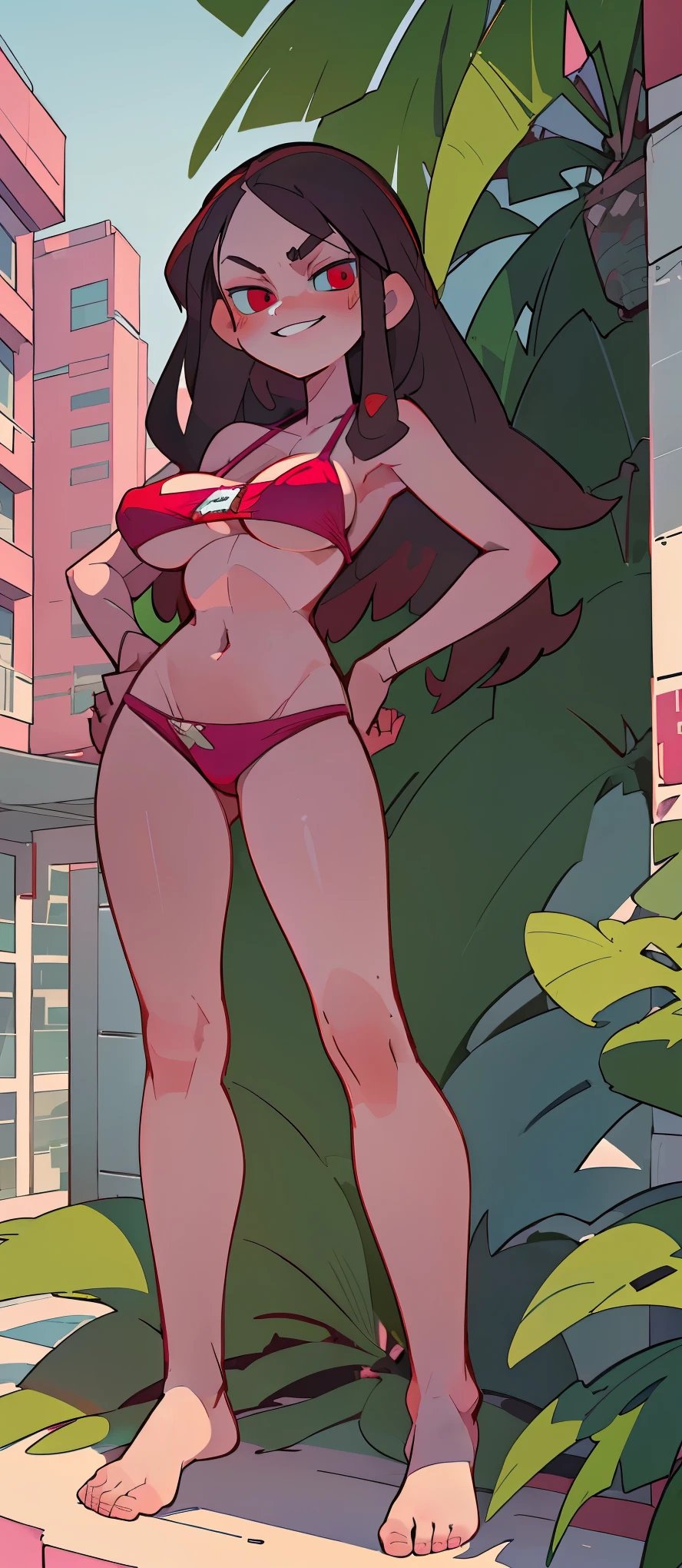 1 girl, Long Brunette Hair, Red Eyes, Pink bikini, Sly face., smirk, Company office room ,large boobs, barefoot , full entire body, stand on your hips, Stand up straight. , Corner of the building , daylight