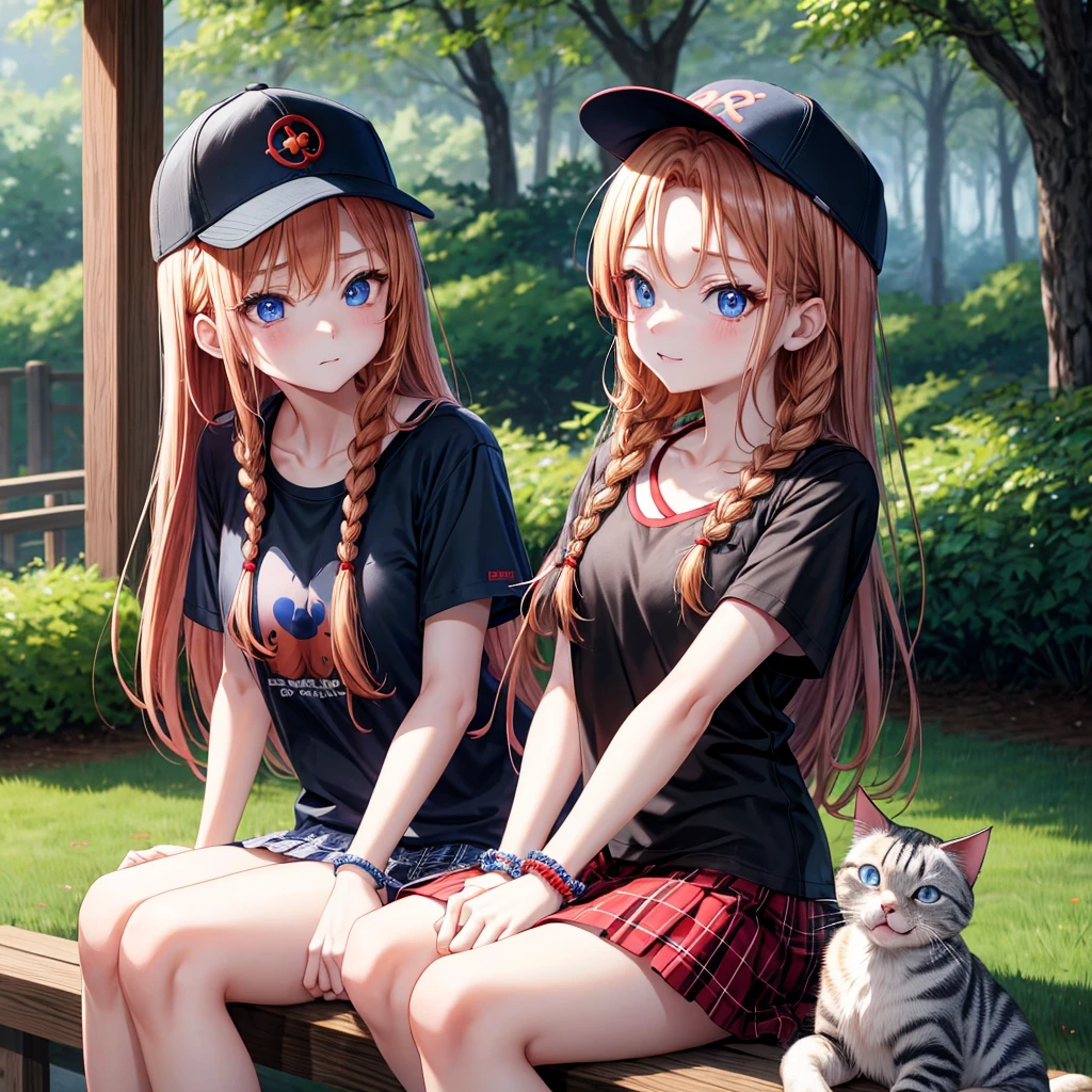 red blonde、blue eyess、Braids、one good looking girl、独奏、animesque、Plaid miniskirt、Black T-shirt、camisole、the woods、Sunlight、sitting on、Wearing a plaid baseball cap、bare-legged、small bracelet、Tilting your face、Hugging a cat
