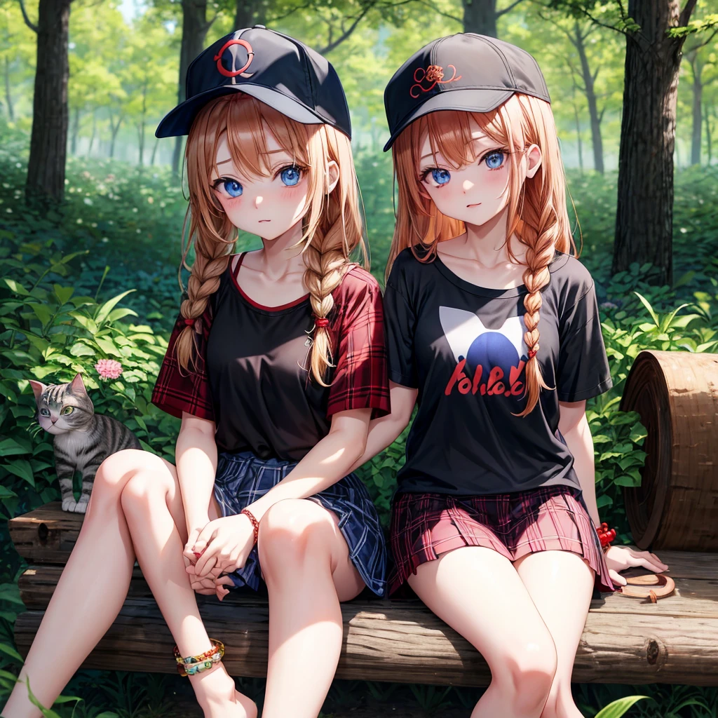 red blonde、blue eyess、Braids、one good looking girl、独奏、animesque、Plaid miniskirt、Black T-shirt、camisole、the woods、Sunlight、sitting on、Wearing a plaid baseball cap、bare-legged、small bracelet、Tilting your face、Hugging a cat