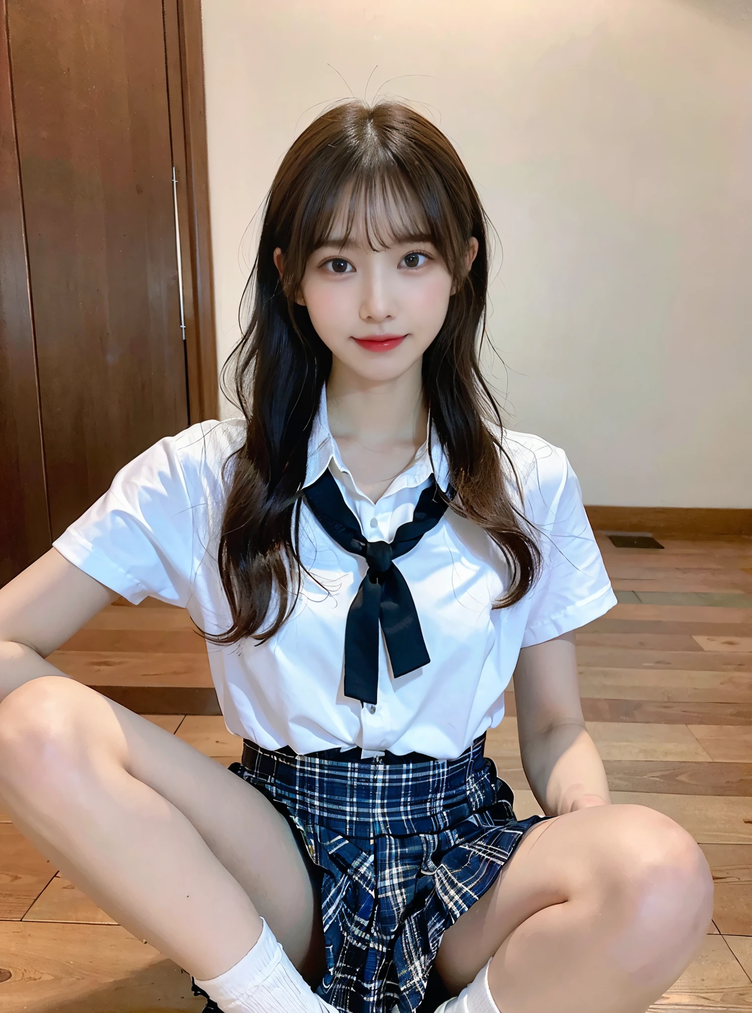 (masterpiece:1.3), (8K, Photorealsitic, Raw photography, Top image quality: 1.4), Japan high school girls、(Random hairstyles:1.2)、(small tits:1.3)、Super Detail Face、Eye of Detail、二重まぶた、foco nítido:1.2、prety woman:1.4、light brown hair、top-quality、masterpiece、超A high resolution、(Photorealsitic:1.4)、very detailed and professional lighting、slender、(A smile)、(eye line:1.1)、(Looking at the camera)、(full body Esbian)、Japanese girls' high school uniform、The shirt is plain and white、The skirt is plaid、(Panties are visible)、((Bend your knees and open your legs wide))、((The skirt is twisted))、