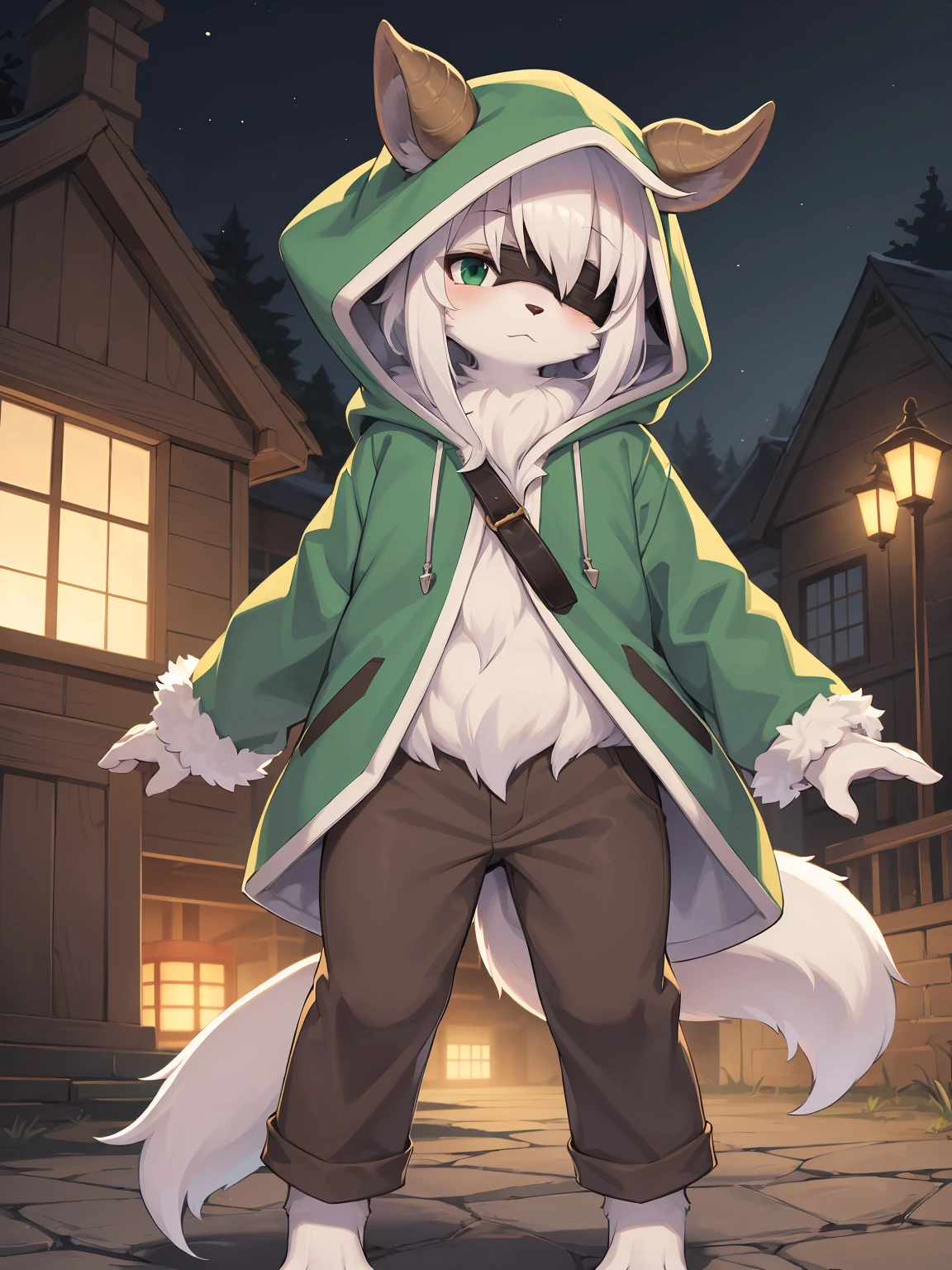 simple background, shota the goat, child, was hairy, shaggy, blindfold, skin fur, white fur, forelimb hands, Even-toed ungulates, straight long white hair, 2 goat horns, white fur, shiny hair, super cute face, goat tail, fluffy tail, furry tail, expressionless, green coat green hood up, brown trousers, ambient light, ultra-fine fur, dashed eyes, full body, masterpiece, high quality, high-details, best quality, ((solo)), evening, rim light