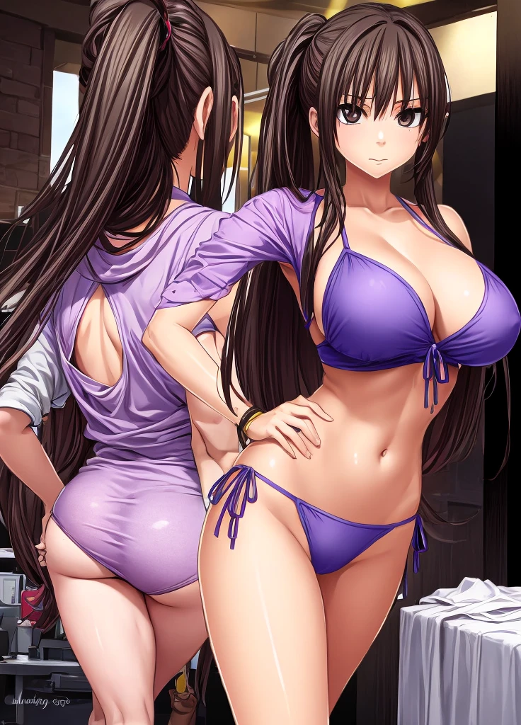 A beautiful woman with long hair in a ponytail, , and beautiful legs is wearing a light purple bikini and standing with her left hand on her hip.。red blush。