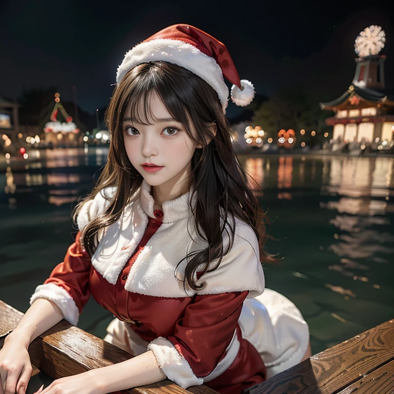 1 japanese girl, Looking at the snowy amusement park, dressed in圣诞老人服装的年轻女子双腿分开站立, Married woman, 摩洛解放阵线, mature, 巨The large的惊人女神拍摄, Japan goddess, Very and sexy, 强The large而巨The large, jaw-droppingly beautiful, Japan goddess, 非常The large的, The large, ((Santa Claus Miniskirt Costume and Hat)), (dressed in:red mini dress,Decorated with white fur, Thick black band, Red long leather boots), (The large腿可见), (lean forward at you), (Fireworks are set off in the amusement park at night), in the snow, (Background with: City at night decorated with Christmas lights), 动物角色在Background with中跳舞, ((quality, 8K, On the table:1.3)), FULL-BODY ESBIAN, long leges, Beautiful woman with perfect figure:1.4, Slim abs:1.1, ((dark brown hair、巨The large的山雀:1.2)), Highly Detailed Face and Skin Textur, 詳細な目, 二重まぶた, (Look from the bottom up), from knee to, long slim figure, Smiling, (hair messy, asymmetricalbangs, Light brown hair,)