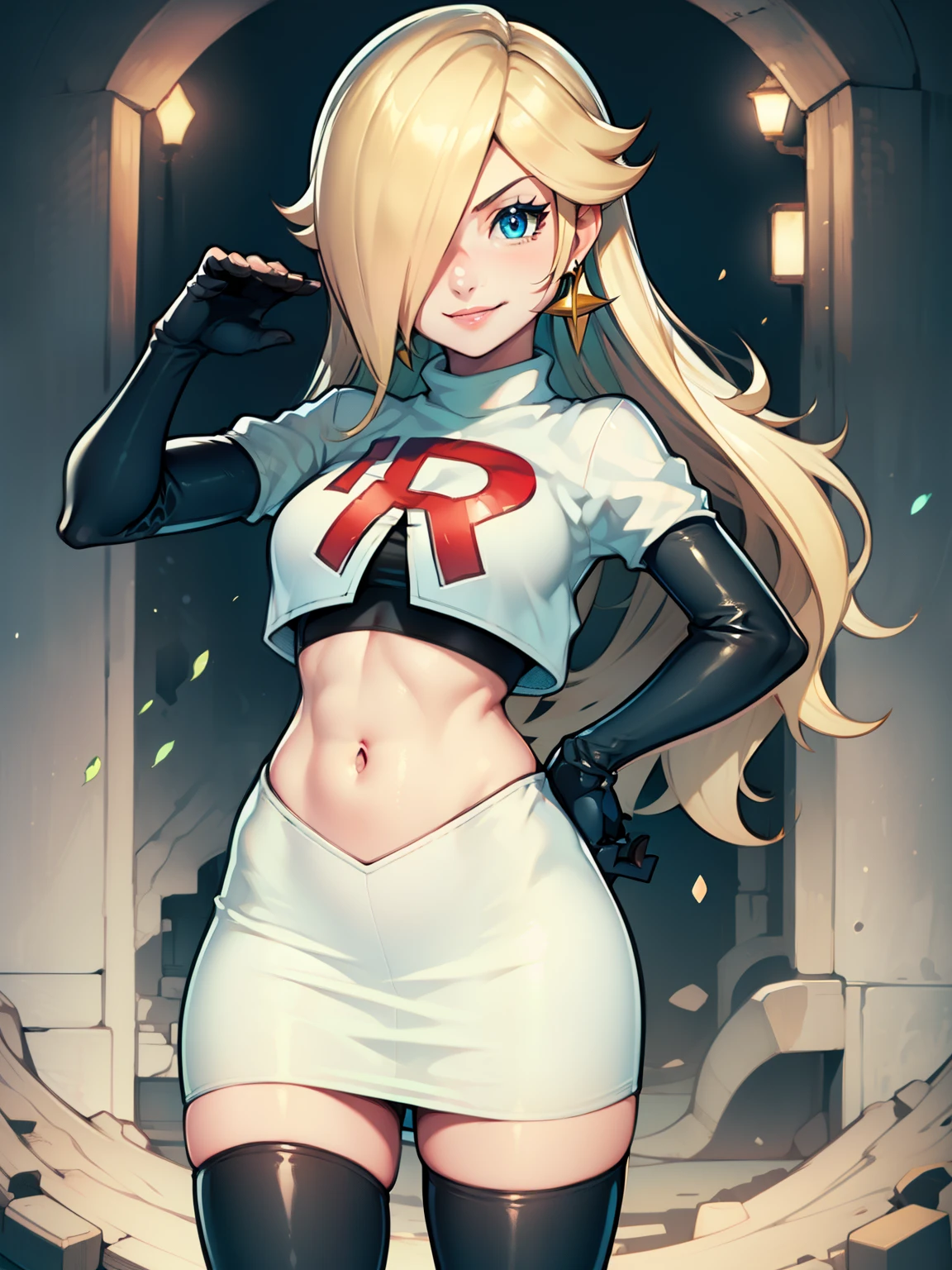 rosalina, glossy lips ,team rocket uniform, red letter R, white skirt,white crop top,black thigh-high boots, black elbow gloves, evil smile, looking at viewer, cowboy shot, salute