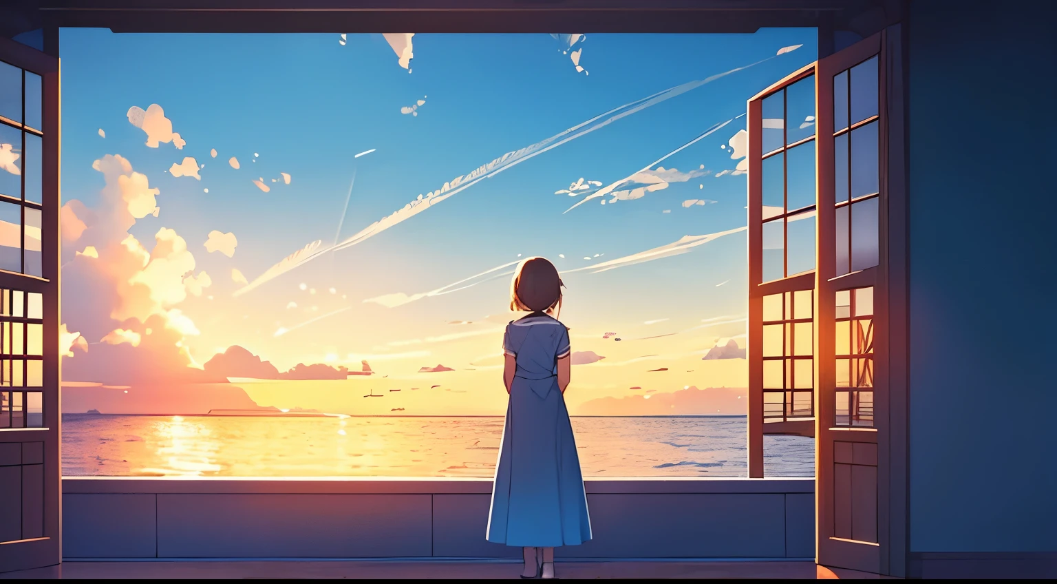 from differen view,A girl in a dress stands in front of a large flower golden picture frame, gazing at the view outside. Her silhouette is framed by the backdrop of a deep blue sea, birds in flight, flowers, a blue sky, and white clouds. Beautiful, The light shines on the surface of the sea, creating shimmering ripples,sunshine,surise on the ocean,blue,yellow sky，snowflakes falling