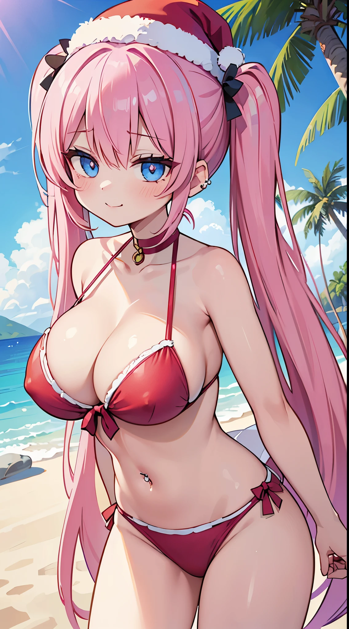 17:31:48 Expires in 13 days (masterpiece、top-quality、ultra-detailliert)、((1 girl))、((Pink hair twin tails))、light blue eyes、evilsmile、piercings、((very Bigger breasts))、Santa Hat、santa bikini、cleavage、cowboy shot、blue open sky、Palm trees、seaside backgroud