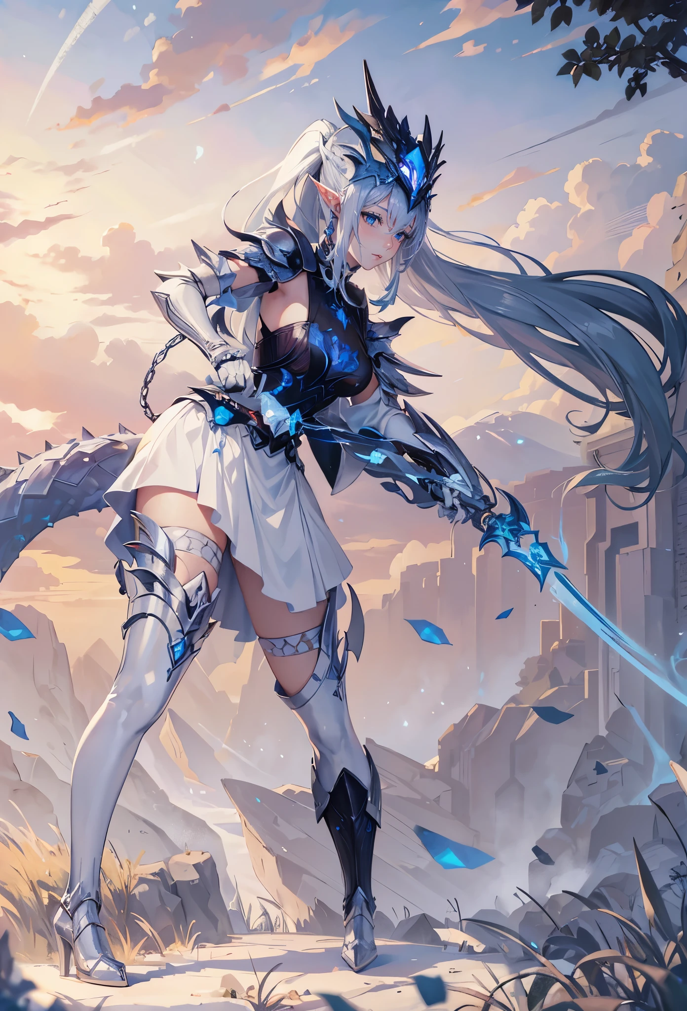 closeup of face, The world of dreams, Elf royal sister, Long face shape, spiny helmet, , demons, humanoid creature, longponytail, Long elven ears,Her skin is very white, White complexion, Clear eyes, Exquisite silver-blue armor, high heels boots,disheveled black hair, black cloth, 单眼blindfolds, Broken silver blue armor,破旧的high heels boots, To know, blindfolds