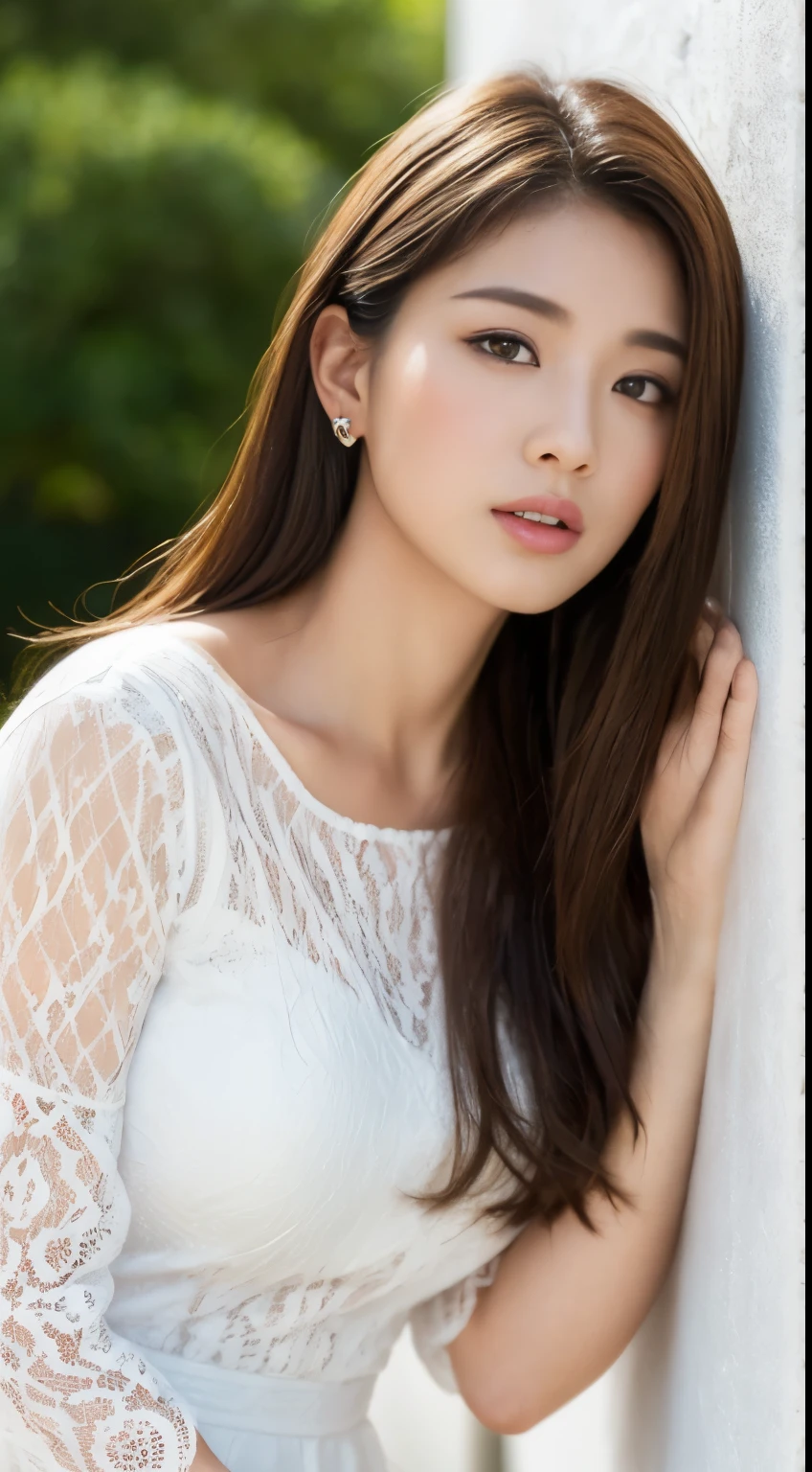((top-quality、8K、masterpiece:1.3))、Crisp focus:1.2、Beautiful Women in Perfect Style:1.4、full body1.2((brown haired、Model body type:1.2))、Standing leaning against the wall、(White lace shirt:1.1)、White wall background:1.2、short-cut、Highly detailed facial and skin texture、A detailed eye、二重まぶた、Beautiful white skin、pure、Mouth is duck mouth、the kiss、Images that include the full body of a person、Extraordinary beauty、爆乳、