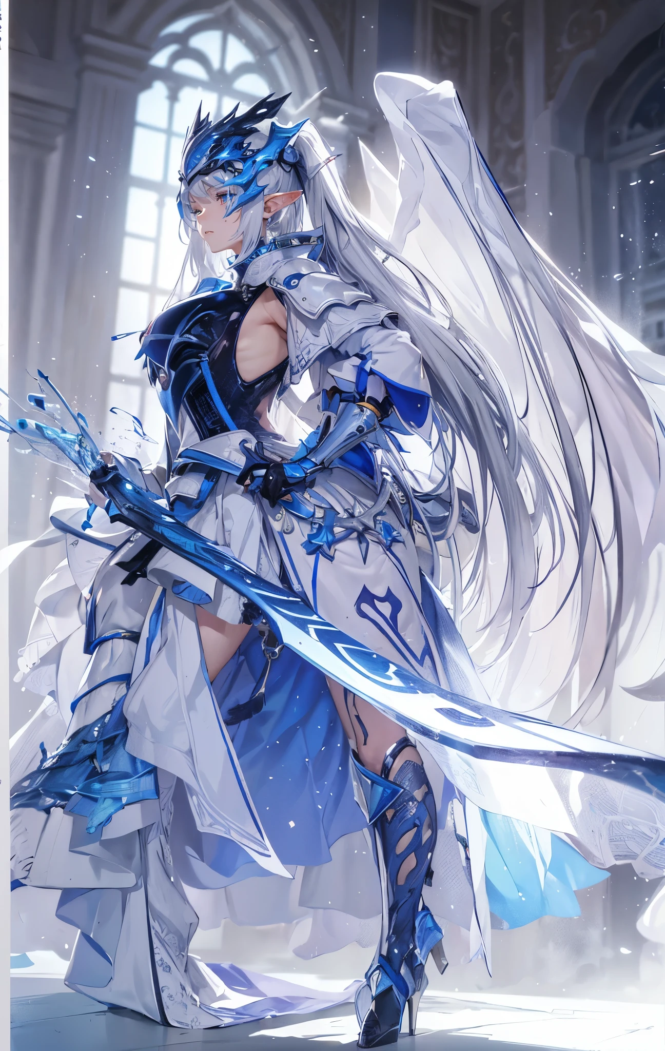 closeup of face, The world of dreams, Sister of the Elf King,mature face, Long face shape, spiny helmet, , The demons, humanoid creature, Long ponytail hair, long elf ears,Her skin is very white, white complexion, Clear eyes, Exquisite silver-blue armor, high heels boots,disheveled black hair, Black cloth, 单眼blindfolds, Broken silver blue armor,破旧的high heels boots, saber, blindfolds