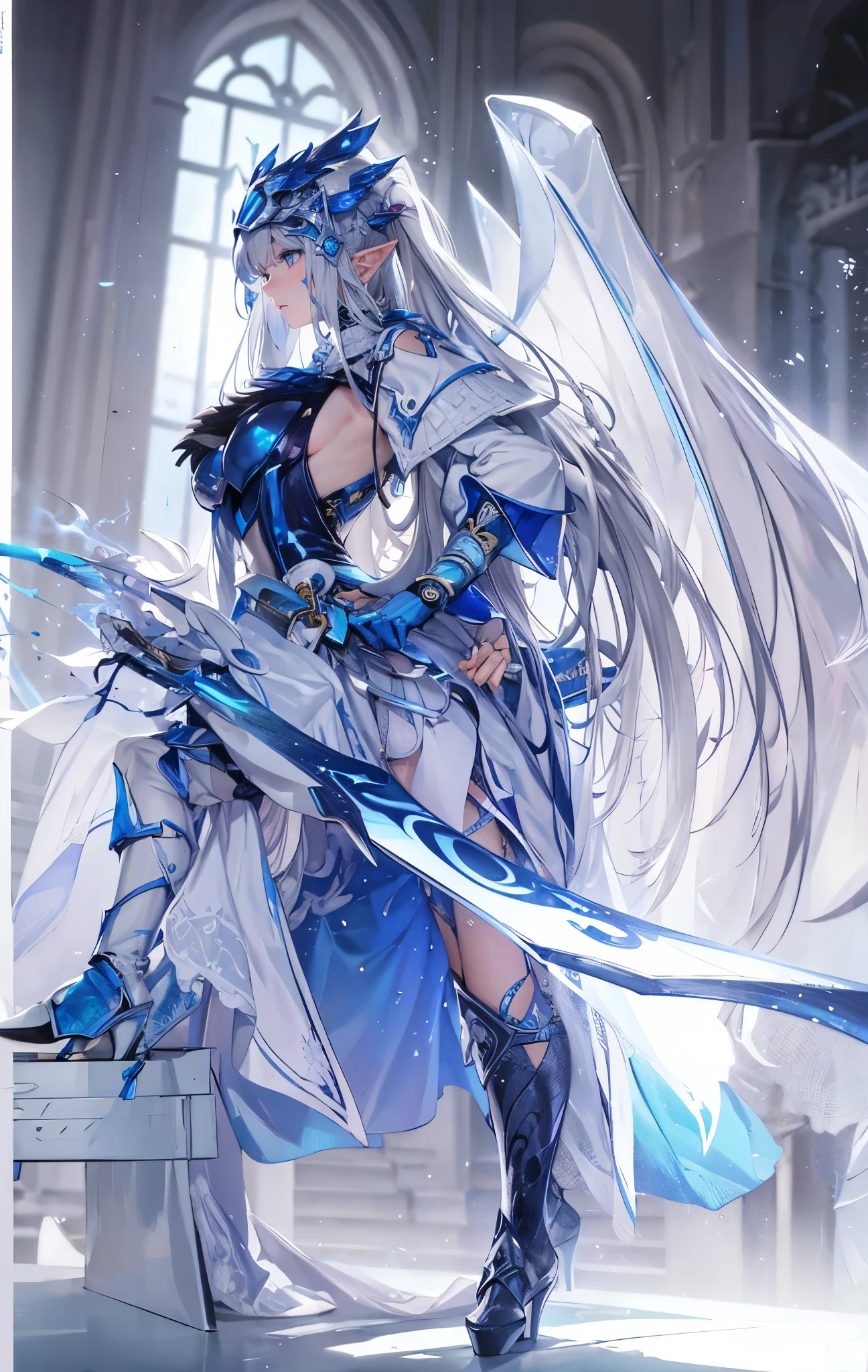 closeup of face, The world of dreams, Sister of the Elf King,mature face, Long face shape, spiny helmet, , The demons, humanoid creature, Long ponytail hair, long elf ears,Her skin is very white, white complexion, Clear eyes, Exquisite silver-blue armor, high heels boots,disheveled black hair, Black cloth, 单眼blindfolds, Broken silver blue armor,破旧的high heels boots, saber, blindfolds
