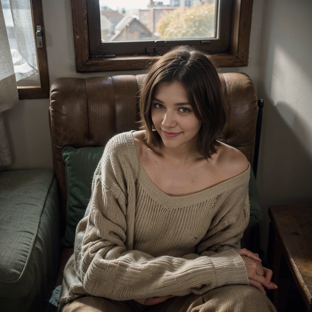 8k, RAW photo, Fujifilm, style photo of a beautiful dark haired young woman as avril smiling and sitting on an armchair by the window in a cottage in the country (highly detailed skin: 1.2) Style-Petal BREAK short hair, black shoulder-length messy hair, skin texture, wearing a Christmas red  sweater, wearing velvet trousers with a cottagecore style, film granulation, 35mm, cute style,(tilted:1.3) under a spotlight, volumetric dust clouds, key light, backlight, soft natural lighting, photography Film grain ISO 400 30 mm lens RAW f1.8 aperture, highly detailed (analog photography:1), colors hdr, cottagecore