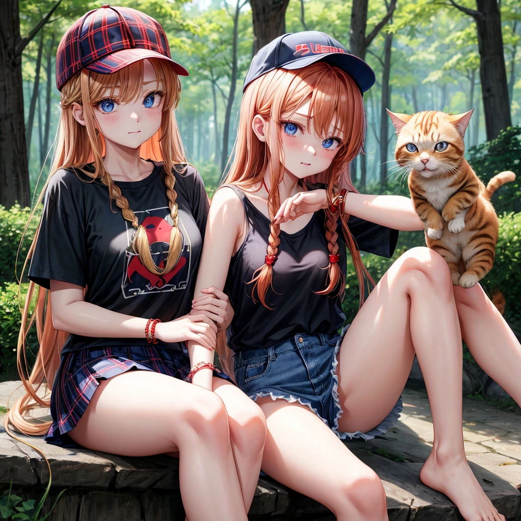 red blonde、blue eyess、Braids、one good looking girl、独奏、animesque、Plaid miniskirt、Black T-shirt、camisole、the woods、Sunlight、sitting on、Wearing a plaid baseball cap、bare-legged、small bracelet、Tilting your face、Hugging a cat