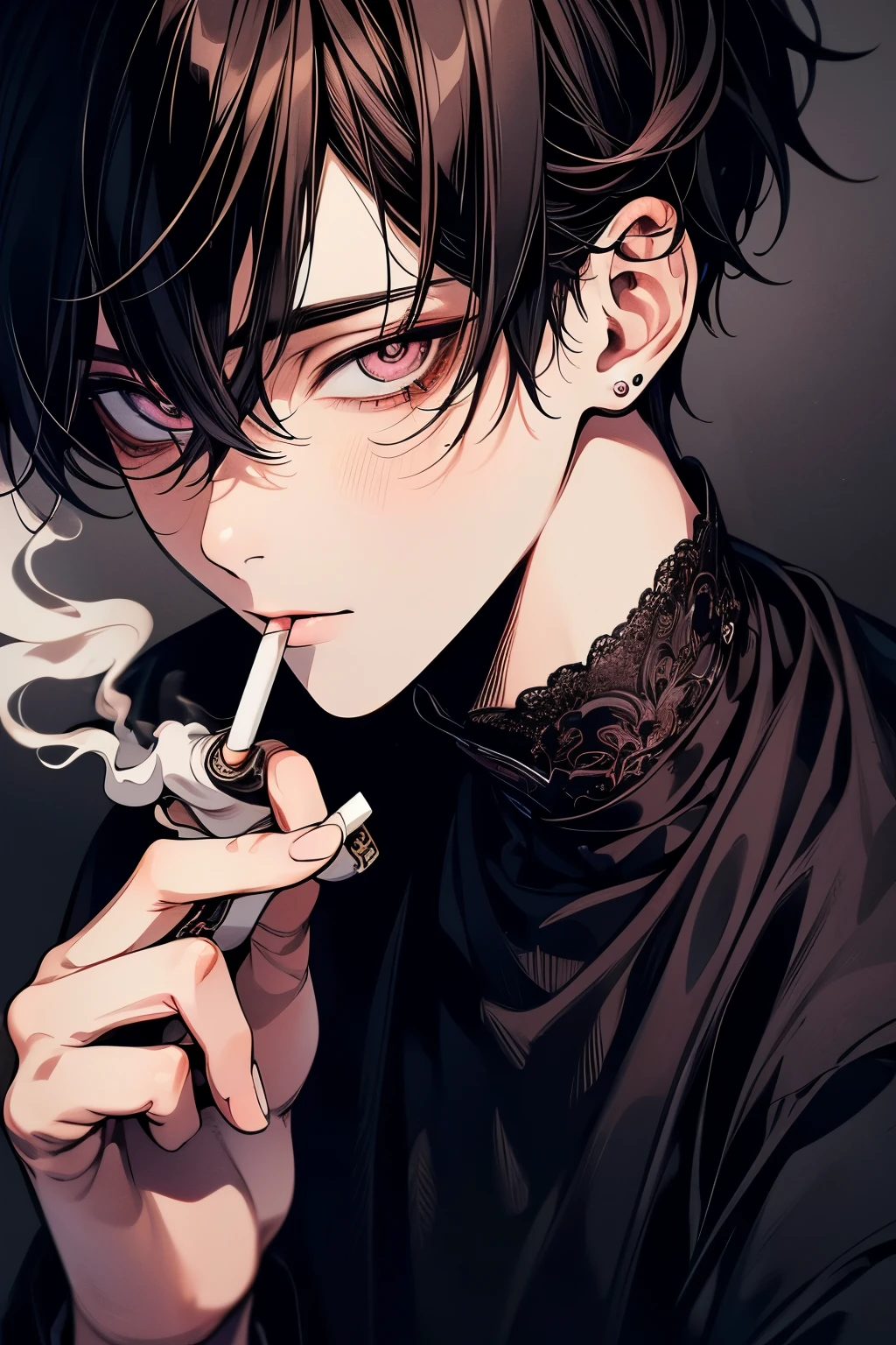 A frictional boy
with black messy hair and blue eyes with smoking cigarette and masculine jawline and wear a black overcoat