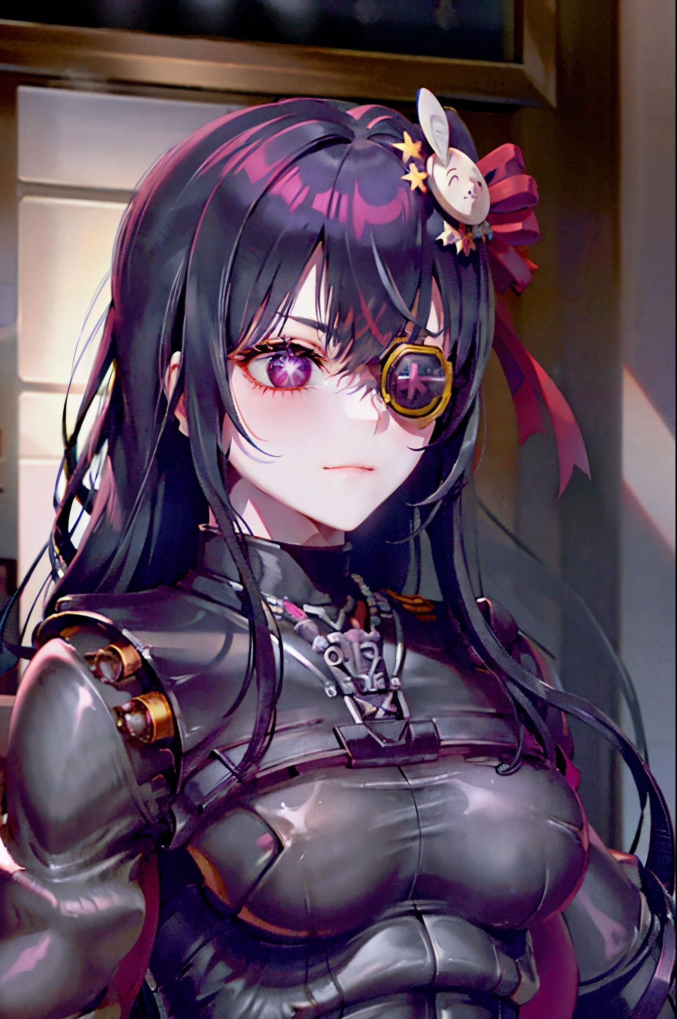 borg
cyborg
bald
gray skin
veins
metal armor
cable
eyepatch Hoshino Ai, long hair, purple hair, streaked hair ,purple eyes, star-shaped pupils, hair ornament,