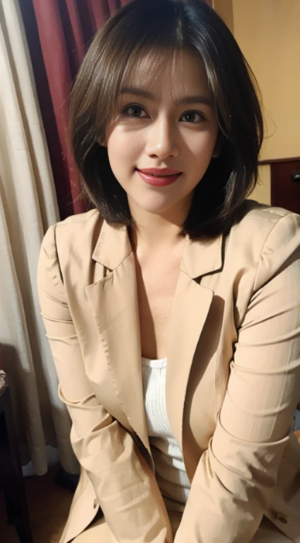 sunny day, graceful photo of a girl in a Blazer Dress, (puffy eyes:1.05), (white lace shirt), platinum brown hair, (angled bob:1.4), flat bangs, (flowing hair), smile slightly, happy, happiness, high detailed skin, skin pores, stunning innocent symmetry face, long eyelashes, black eyeliner, light golden eyeshadow,(sitting down on the banch), crossed_legs, emotional, wind, park, trees, grass, masterpiece, best quality, photorealistic,