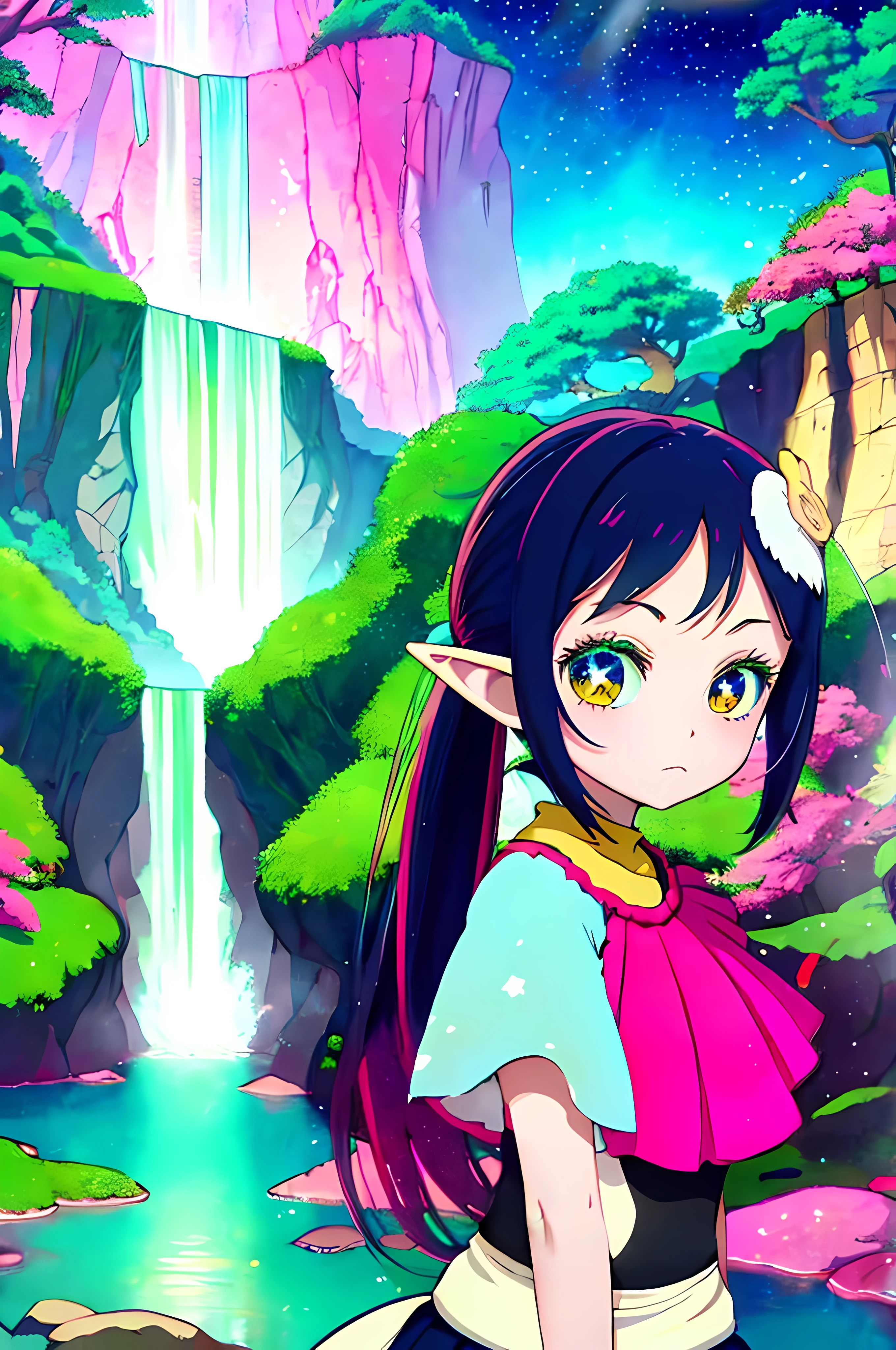 anime girl in a santa hat holding a paintbrush in front of a waterfall, official artwork, official art, anime style 4 k, colorful pigtail, 2 d anime style, a painter in a magical forest, high quality anime artstyle, elf girl, anime lush john 8k woods, anime! 4 k, anime! 4k, anime visual of a cute girl, colorful, anime girl infront of viewer, anime girl rotated little on right side, anime girls eyes looks at viewer from high, rainbow long hair,