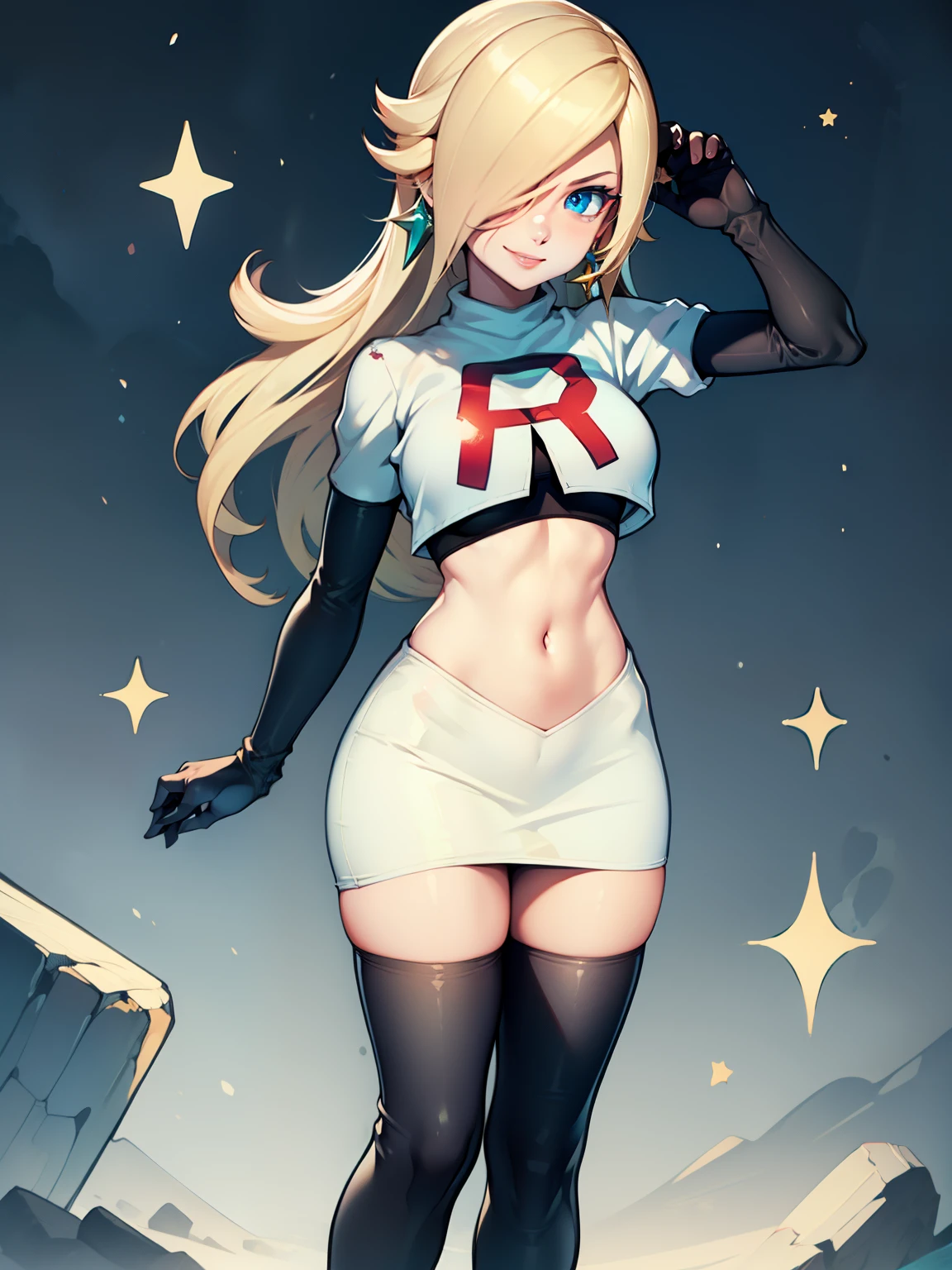 rosalina, glossy lips ,team rocket uniform, red letter R, white skirt,white crop top,black thigh-high boots, black elbow gloves, evil smile, looking at viewer, cowboy shot