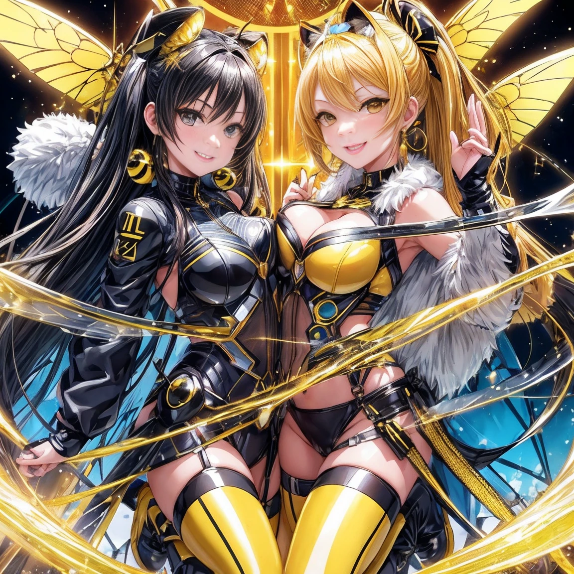 ai-generative, pixiv, evil smile, sadistic, erotic lips, seductive eyes, drooping eyes, provocative expression, smirks, squint, enraptured, fascinated, scornful laughter, aroused, lovely, naughty face, half closed eyes, fearless smile, crazy smile,toned female, glamorous perfect female proportion, wide hips, extremely shiny, reflecting light, awesome metallic surface texture, cute, akiba, anime face, moe, yellow and black striped hair, wasp ornament, Yellow and black striped boots, wasp transparent wings, bee Transparent wings, wasp antennae, wasp printed, Honeycomb printed, poison needle, yellow and black striped fur, wasp eye helmet, spike choker, earrings,, best quality, amazing quality, very aesthetic, absurdres