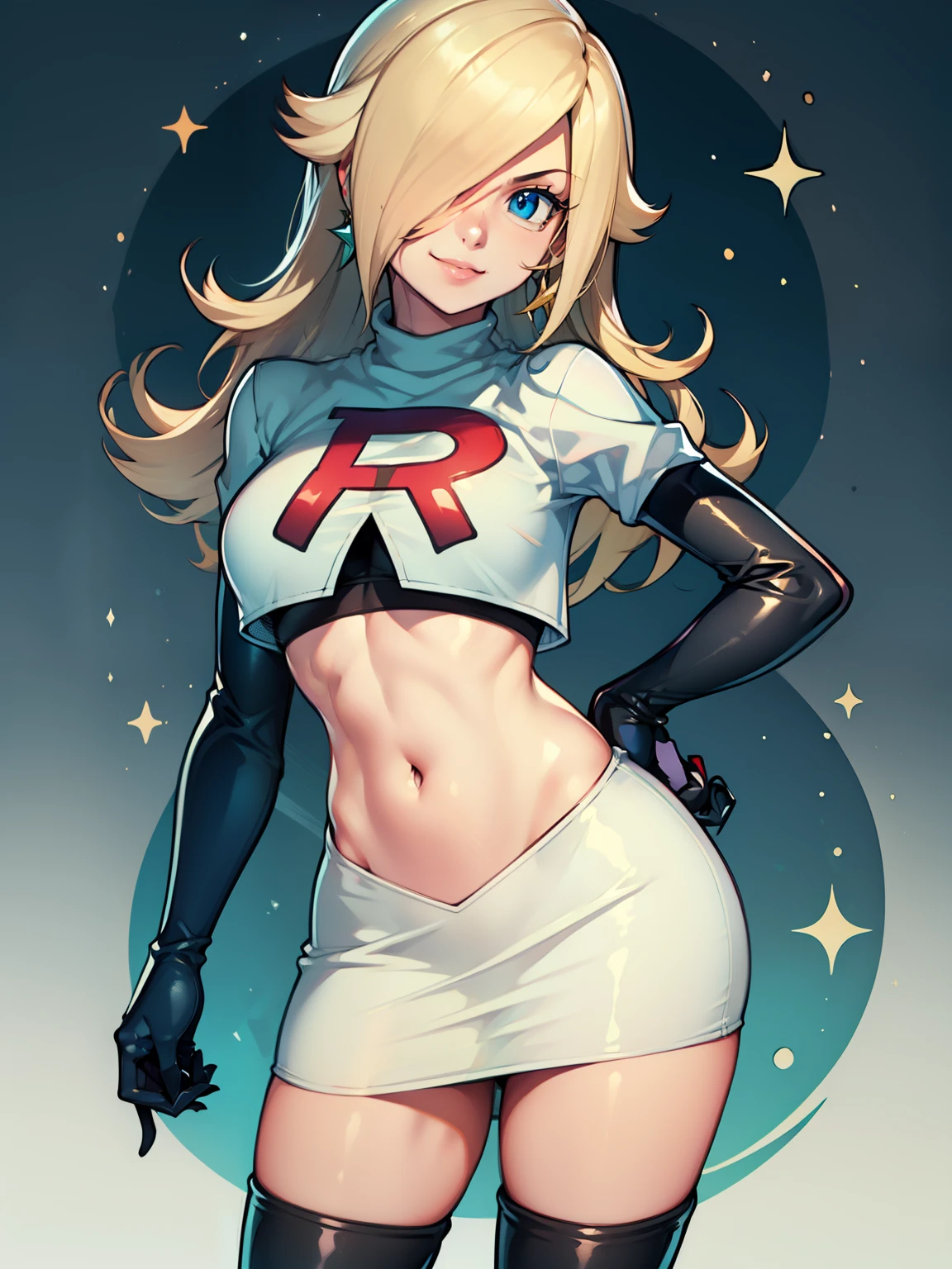 rosalina, glossy lips ,team rocket uniform, red letter R, white skirt,white crop top,black thigh-high boots, black elbow gloves, evil smile, looking at viewer, cowboy shot