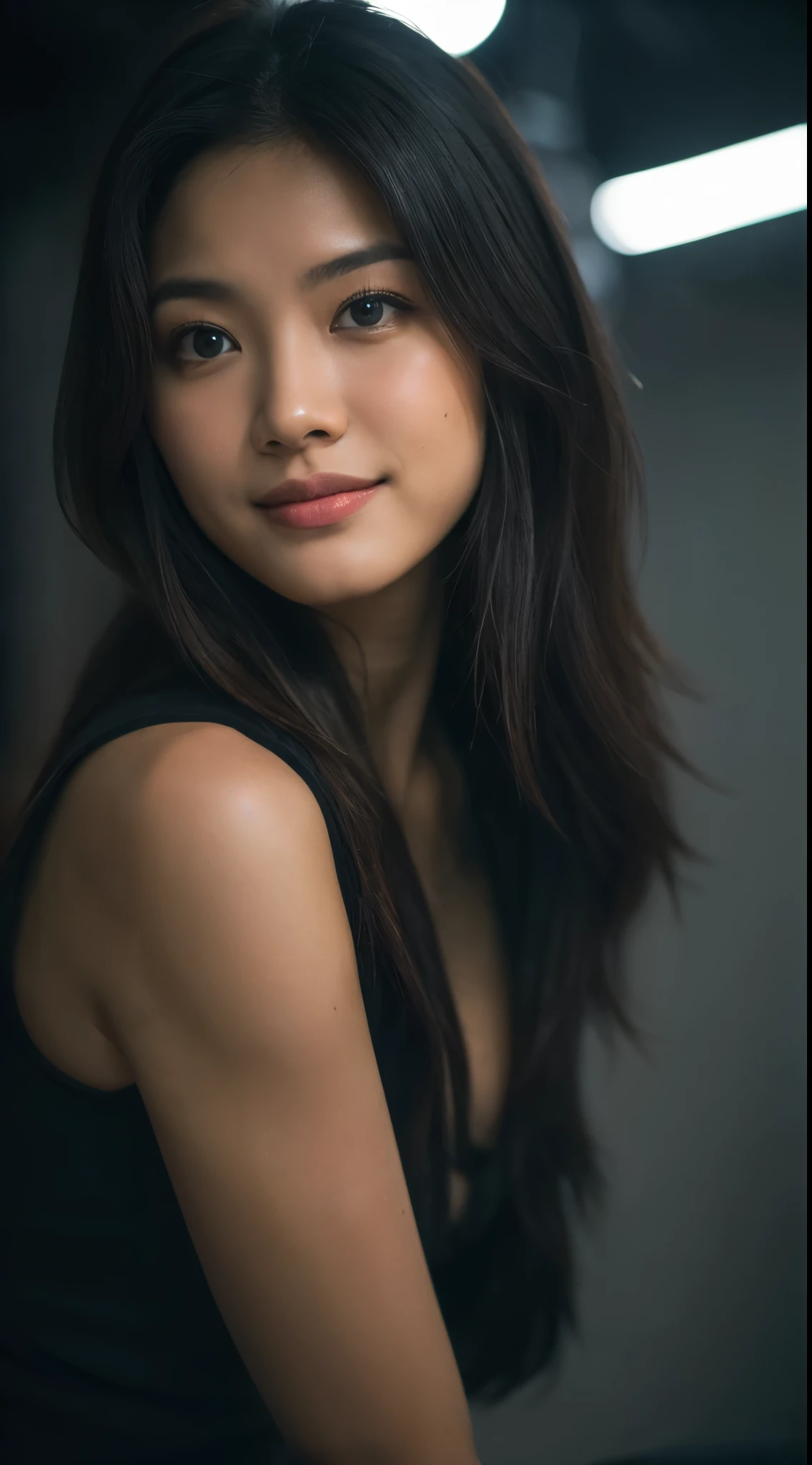highest quality, epic realistic, ((in the pitch black darkness :1.4)), ((portrait:1.5)),(background: dark ) high contrast ,glorious picture, lowest lux, lighting face, she's comfortable, wearing nothing,  , looks incredible, (8k, Raw photo, Highest quality),(epic realistic:1.5), a woman, face,(detailed eyes:0.8),(looking at the camera:1.4), (Highest quality), ( high contrast, deep shadows),Intricate details,cinematic,((skin:1.4)), (long dark hair:1.3), long hair, messy ,(Hdr:1.5),Detailed, colors, Superior quality, Masterpiece, Raw Photo (20-year-old, looking at viewer), beautiful, (wearing plain yellow shirt,), perfect, natural, perfect composition, portrait, perfect face, smiling expression, Captivating eyes, Bright details, Tight lips, (High Skin Detail),, (blue tint: 0.6), (sale: 0.8), (bloody: 0.7), Key lighting , (backlight: 0.5), Medium depth of field, Canon 5d, 50mm lens, f/4 apertures, (Ultra-detailed, Complex detail), sharp focus, soft colors, 8k, Absurd, 80mm, dark background, photography, smiling, pinay, filipina, medium boobs,