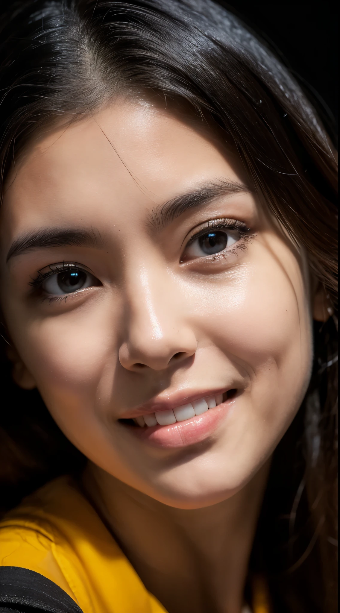 highest quality, epic realistic, ((in the pitch black darkness :1.4)), ((portrait:1.5)),(background: dark ) high contrast ,glorious picture, lowest lux, lighting face, she's comfortable, wearing nothing,  , looks incredible, (8k, Raw photo, Highest quality),(epic realistic:1.5), a woman, face,(detailed eyes:0.8),(looking at the camera:1.4), (Highest quality), ( high contrast, deep shadows),Intricate details,cinematic,((skin:1.4)), (long dark hair:1.3), long hair, messy ,(Hdr:1.5),Detailed, colors, Superior quality, Masterpiece, Raw Photo (20-year-old, looking at viewer), beautiful, (wearing plain yellow shirt,), perfect, natural, perfect composition, portrait, perfect face, smiling expression, Captivating eyes, Bright details, Tight lips, (High Skin Detail),, (blue tint: 0.6), (sale: 0.8), (bloody: 0.7), Key lighting , (backlight: 0.5), Medium depth of field, Canon 5d, 50mm lens, f/4 apertures, (Ultra-detailed, Complex detail), sharp focus, soft colors, 8k, Absurd, 80mm, dark background, photography, smiling, pinay, filipina, medium boobs,