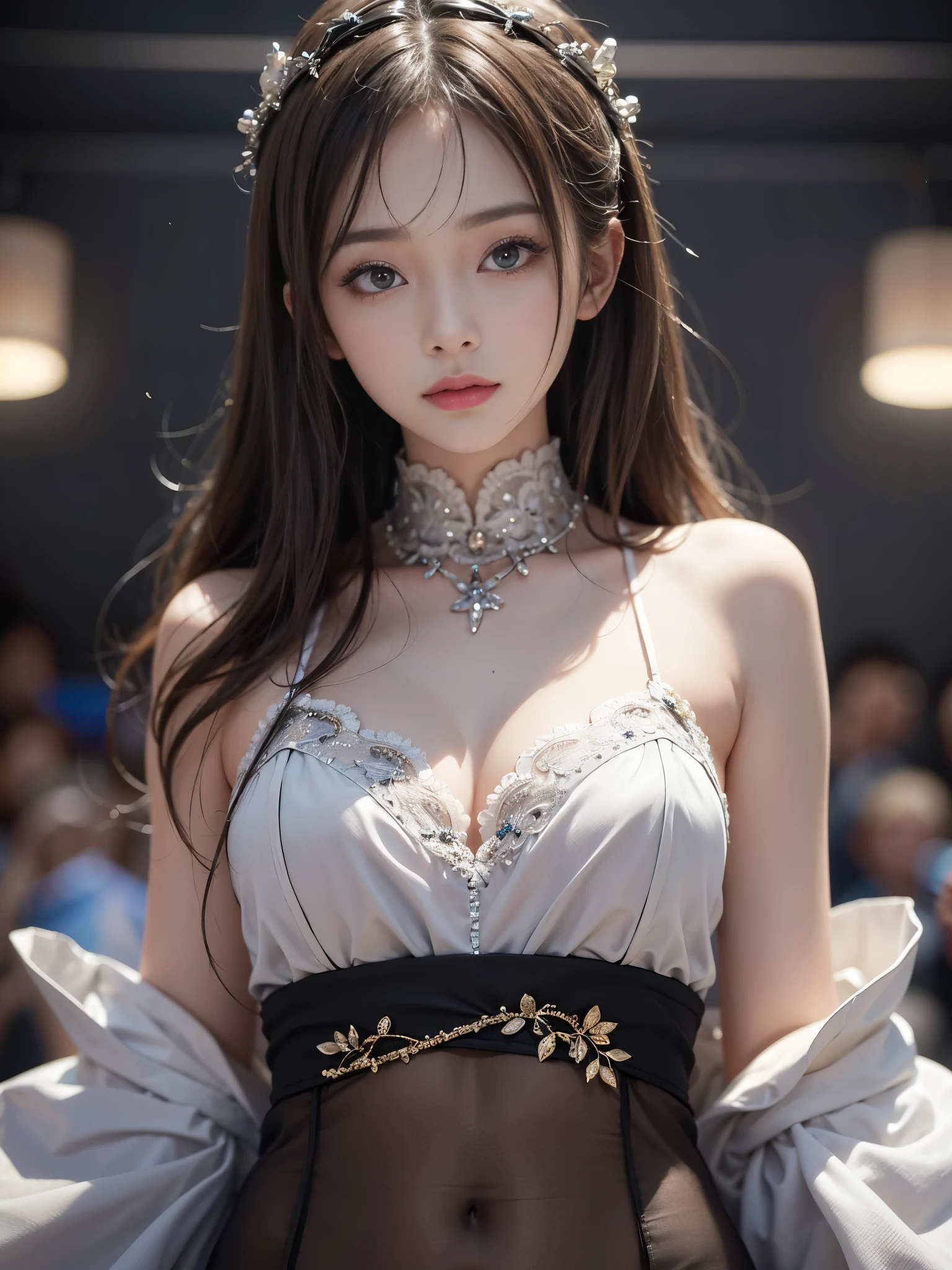 ​masterpiece, 1 beautiful girls, detailedeyes, slender and beautiful eyes, top-quality, Super high resolution, (Realistis: 1.4), OriginalPhotographs, 1girl in, Cinematographic lighting, Asian Beauty, Korean, very extremely beautiful, Beautiful skins, Thin, Front-facing body, (A hyper-realistic), (hight resolution), (8 K), (ighly detailed), (Best illustration beautifully detailed eyes), (ultra-detailliert), A detailed face, looking at the viewers, Facing straight ahead, Neat CloThing, Sleeveless、shorth hair、A dark-haired、46 point slanted bangs、white backgrounid、Tidy room、Faces are detailed and realistic, As delicate as a real photo.,great masterpiece,Super high resolutionの高品質の写真,Make sure there are no major differences between the right and left eyes.,Korea person,beautiful korean dancer,K-POP star idol,Beautiful eyes,Very small bust, slender, skinny,Clothes that are so Thin that the body and top of the bust are visible,no-bra,No ,Not wearing any underwear,age is teenageocalist singing in front of a large audience,Rehearsal scene,