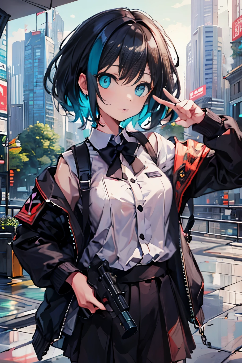 (masutepiece:1.2, Best Quality, Top Quality, Lens Flare, Depth of Field,), (Close Up: 1.3), (Wide Shot, Fisheye: 0.85), Face Focus, [1 girl in, expressioness, (Turquoise eyes:1.3),jet-black hair, Half shorthair,White jacket,Take off your jacket, Blouse with Open Chest, breast, ] , (Holding a Weapon, Holding a pistol:1.2), firing, city, street, skyscraper,