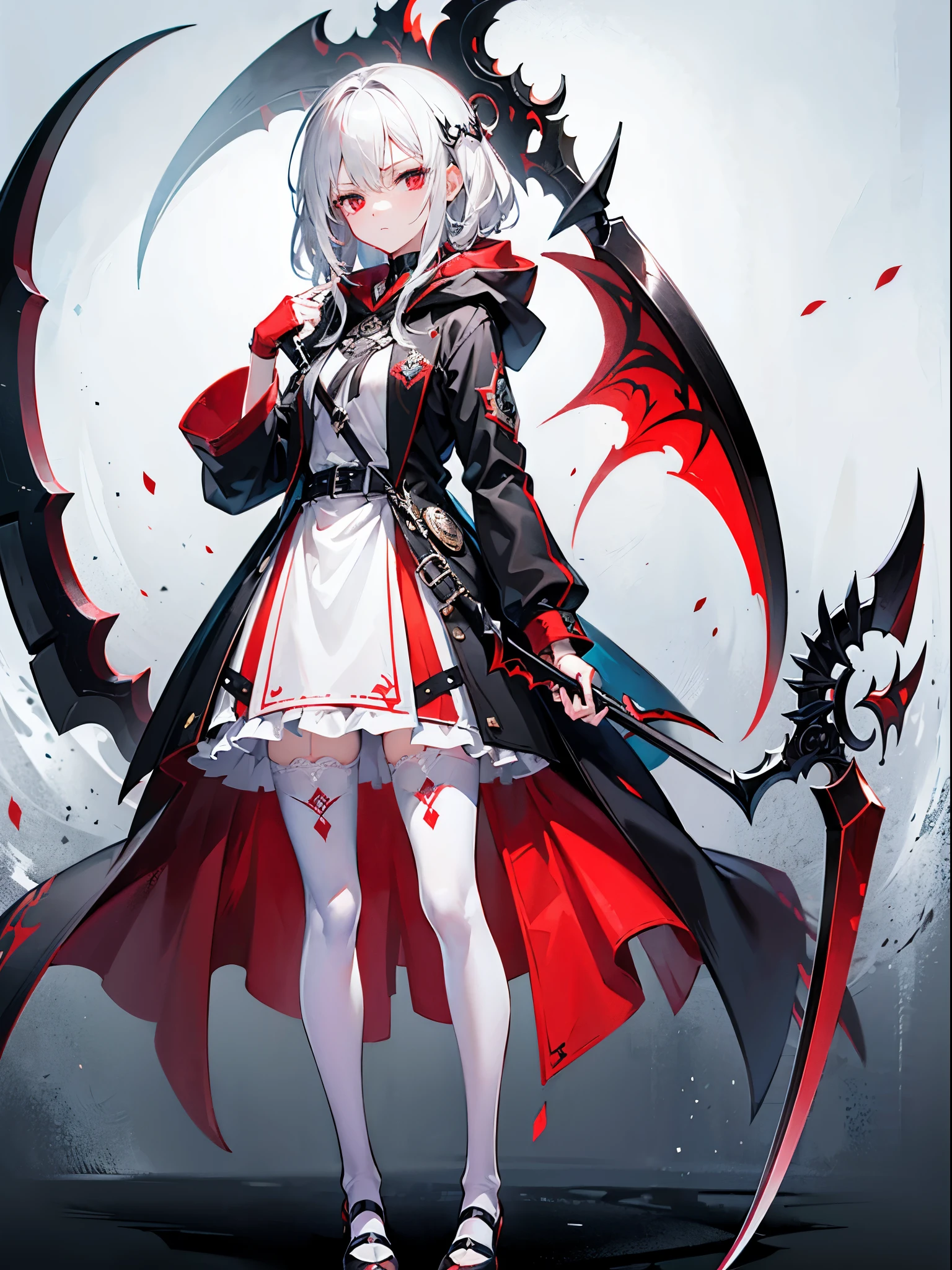 (tmasterpiece,best qualtiy,style of anime,a sense of atmosphere,cg render,4K,Standing painting,Ray traching,Wallpapers)(white hair,long whitr hair,red pupils,黑色long whitr hair,disdainful expression,Black hooded cape,Cover the whole body,white stockings,Holding a death scythe)(Solo)
