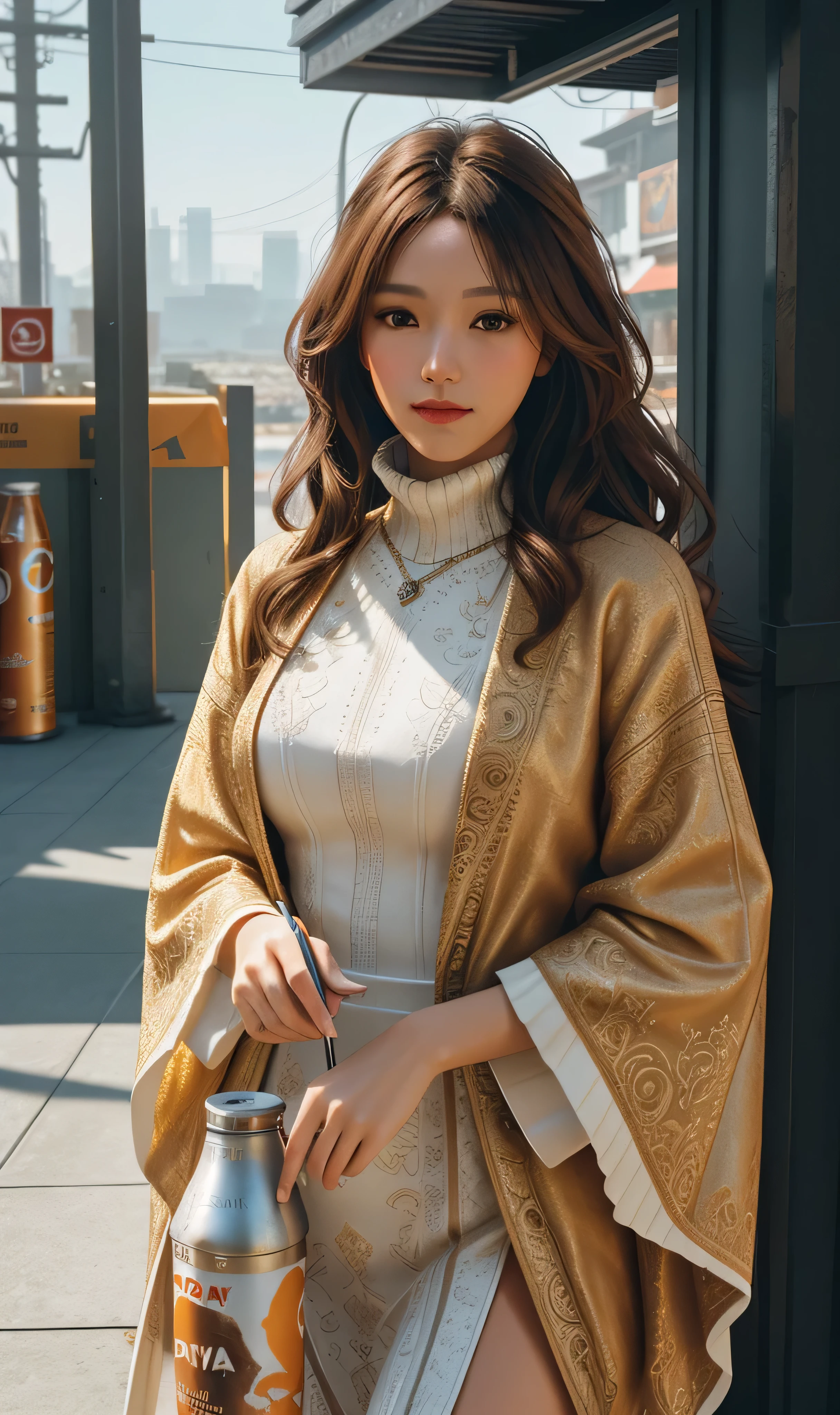 ad featuring a 2020s supermodel wearing winter clothing, long brown hair, symmetrical face, glowing ghoul, asymmetrical brightly colored clothing, post-apocalyptic, digital painting, YELLOW and orange cola can, natural textures, elegant, super detailed, photo realistic, ultra realistic, intricate details, Cinematic, ambient occlusion, volumetric lighting, shot on Sony A7S III, f/ 9. 0, 1/ 500, sharp. 64k highly detailed digital art, 64k high quality detailed art, 3d render character art 64k, detailed digital 2d fantasy art, detailed fantasy digital art, 64k detailed digital art, hyper realistic textures, natural textures, elegant, super detailed, photo realistic, ultra realistic, intricate details, Cinematic, ambient occlusion, volumetric lighting, shot on Sony A7S III, f/ 9. 0, 1/ 500, sharp focus 64k unsaturated , masterpiece, best quality, ultra detailed.