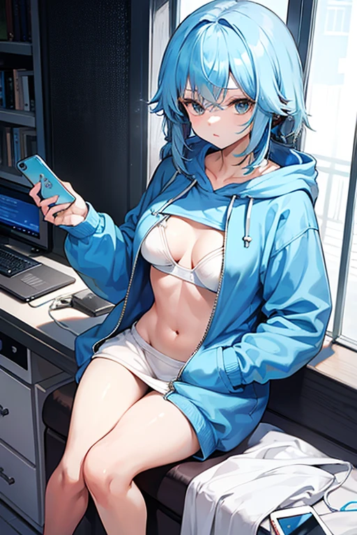 Hair color is light blue、Long、medium chest、baggy blue hoodie、head phone、aquariums、
Holding a smartphone in a sexy bra