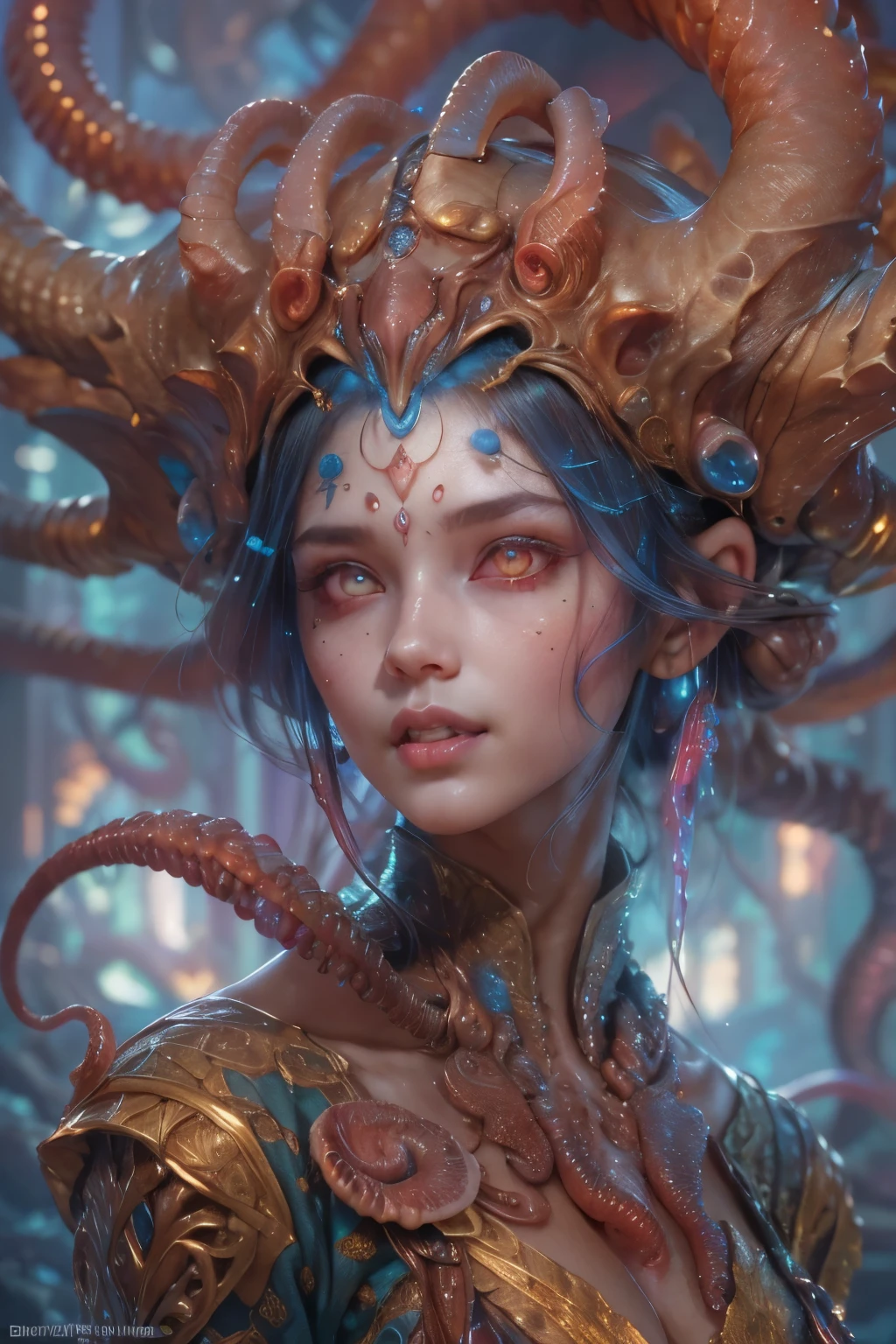 Portrait, (beautiful female alien:1.2), (There is a female genital-like organ in the middle of the forehead.:1.8), (The most beautiful face in the history of the universe:1.2), (Glowing scarlet eyes:1.6), (Translucent pale skin:1.8), an evil gaze that seduces , (red eyes:1.5), Full body like, (Sexypose:1.5), alien, No humans, cells are fused, (Lots of translucent Blue tentacles:1.1), extraterrestrial, cell, bio image, (zenTangle, mandalas, Tangle, enTangle:0.98),(Fractal Art:0.9)(fluttered detailed color splashes:1.1),(marbling:1.1), (Vulgarity:1.15), (Sexy:1.4), sweet breath, a sultry, ((Ecstasy:1.6)), Best Quality, 8K,4K_quality, High Definition, Dramatic Lighting, masutepiece:1.5,cinematic quality, detail up, (Intricate details:1.2), High resolution, High Definition, drawing faithfully, (Thick eyebrows:1.2), Beautiful eyes with fine symmetry, (Highly detailed face and eyes:1.2), (High-resolution red-eye:1.4), Intimate face, (Super detailed skin quality feeling:1.4), Perfect Anatomy, (Beautiful toned body:1.5), (Moist skin:1.2), No makeup, (dark circles:1.1), long canines, cinematic drawing of characters, ultra high quality model, cinematic quality, detail up, (Intricate details:1.2), High resolution, High Definition, drawing faithfully, Official art, Unity 8K wall , 8K Portrait, Best Quality, Very High resolution, ultra detailed artistic photography, midnight aura, unreal enginee 5, Ultra Sharp Focus, art by alberto seveso, ArtGerm, Roisch, intricate artwork, Medusa, best quality, masutepiece, ultra High resolution, (photos realistic:1.4), Ultra-realistic realism, dream-like, nautilus, Creation of fantasy, Snail, Dream Snail, (biopunk nautilus:1.4), Thrilling color schemes, Ultra-realistic realism, seductively smiling, Blue tentacles