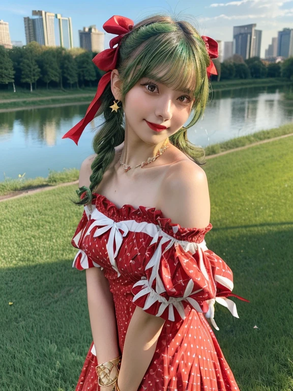 top quality, masterpiece, 16K, high definition, super realistic, (from below:1.6), beautiful girl standing on the roof, beautiful long hair, Plump breast, looking at the viewer, blushed face, BREAK ([star-sharped] hair ornament:1.4),[[moon-shaped earrings:1.3]], (golden bracelet:1.3), wind lift,
BREAK (red and [[[white]]] theme:1.5), (summer maxi red frilled dress:1.5), ([[white snowflake-printed]] on dress:1.4), (bare shoulder:1.4), (detached sleeves:1.3), (fur-trimmed_capelet), (fur-trimmed_dress:1.2),
BREAK (green theme:1.3), (green choker with ribbon:1.3), (green hair ribbon:1.2), (green belt:1.3), (green ribbon on green belt:1.5),