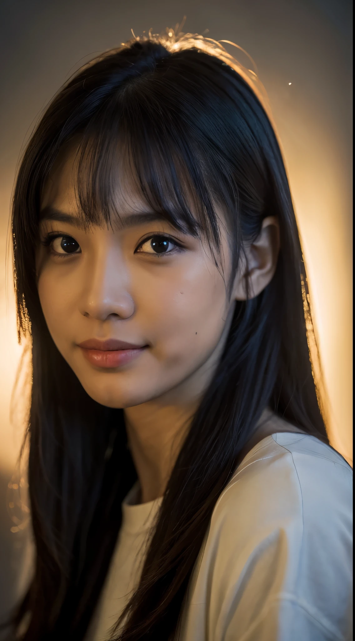 highest quality, epic realistic, ((in the pitch black darkness :1.4)), ((portrait:1.5)),(background: dark ) high contrast ,glorious picture, lowest lux, lighting face, she's comfortable, wearing nothing,  , looks incredible, (8k, Raw photo, Highest quality),(epic realistic:1.5), a woman, face,(detailed eyes:0.8),(looking at the camera:1.4), (Highest quality), ( high contrast, deep shadows),Intricate details,cinematic,((skin:1.4)), (long dark hair:1.3), long hair, messy ,(Hdr:1.5),Detailed, colors, Superior quality, Masterpiece, Raw Photo (20-year-old, looking at viewer), beautiful, (wearing plain yellow shirt,), perfect, natural, perfect composition, portrait, perfect face, smiling expression, Captivating eyes, Bright details, Tight lips, (High Skin Detail),, (blue tint: 0.6), (sale: 0.8), (bloody: 0.7), Key lighting , (backlight: 0.5), Medium depth of field, Canon 5d, 50mm lens, f/4 apertures, (Ultra-detailed, Complex detail), sharp focus, soft colors, 8k, Absurd, 80mm, dark background, photography, smiling, pinay, filipina, medium boobs,