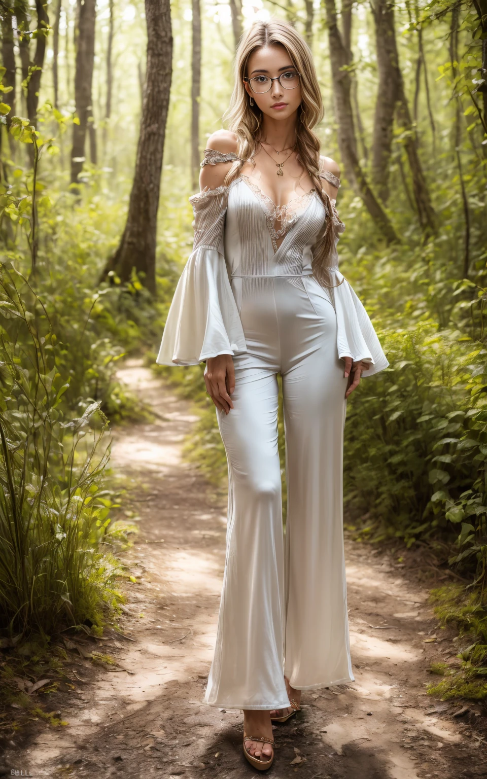 (8K, Masterpiece, RAW photo, Best quality, detail:1.3), (ultra realistic Natural background, scenary:1.5), Depth of field, Cinematic light, (ultra realistic face), (1 picture of 1 solo girl Airim Jones:1.6), 1girl, (Beautiful and elegant Russian girl), (skinny girl with glasses), (European face:1.3), (perfect complete full body:1.5), (small necklace, collarbone:1.1), ( [braids|bangs|ponytail|pigtails|bob|pixie] hair:1.5), (ultra detailed skin:1.4), (sexy outfit:1.6),, (Bell Sleeve Jumpsuit:1.5), (perfect standing pose:1.5), (perfect long legs:1.4)
