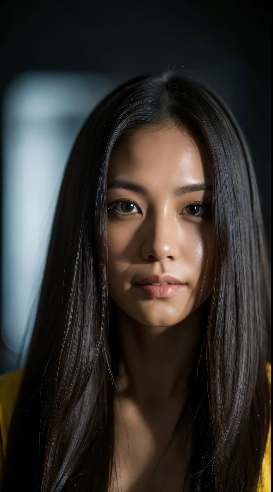 A close up of a woman with long hair and a yellow shirt - SeaArt AI