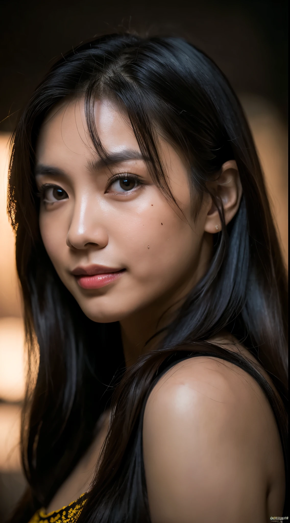 highest quality, epic realistic, ((in the pitch black darkness :1.4)), ((portrait:1.5)),(background: dark ) high contrast ,glorious picture, lowest lux, lighting face, she's comfortable, wearing nothing,  , looks incredible, (8k, Raw photo, Highest quality),(epic realistic:1.5), a woman, face,(detailed eyes:0.8),(looking at the camera:1.4), (Highest quality), ( high contrast, deep shadows),Intricate details,cinematic,((skin:1.4)), (long dark hair:1.3), long hair, messy ,(Hdr:1.5),Detailed, colors, Superior quality, Masterpiece, Raw Photo (20-year-old, looking at viewer), beautiful, (wearing plain yellow shirt,), perfect, natural, perfect composition, portrait, perfect face, smiling expression, Captivating eyes, Bright details, Tight lips, (High Skin Detail),, (blue tint: 0.6), (sale: 0.8), (bloody: 0.7), Key lighting , (backlight: 0.5), Medium depth of field, Canon 5d, 50mm lens, f/4 apertures, (Ultra-detailed, Complex detail), sharp focus, soft colors, 8k, Absurd, 80mm, dark background, photography, smiling, pinay, filipina, medium boobs,