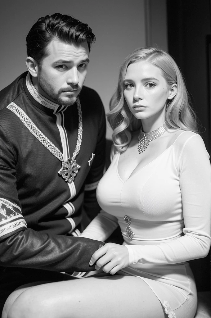 Portrait d’un couple mixte et sexy , Un jeune homme africain, les cheveux rasés sur les côtés iroquois, et une jeune femme blanche et blonde, jessica chastain, de la Belle Époque, Blouse victorienne rose en dentelle avec un col montant couvrant le cou dévoilant une poitrine généreuse, gris seins , austère, couple amoureux , fortes poitrines,
