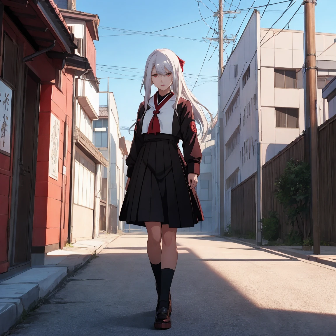 sukeban, illyasviel_von_einzbern, mature_female, silver hair, holding yoyo, combat pose, full body, flowing hair, hair between the eyes, asymmetrical hair, red eyes, delicate facial features, sukeban deka clothe, black japanese school uniform, looking_at_viewer, outdoors, background tokyo, by ilya kuvshinov, by Tetsuya Nomura,